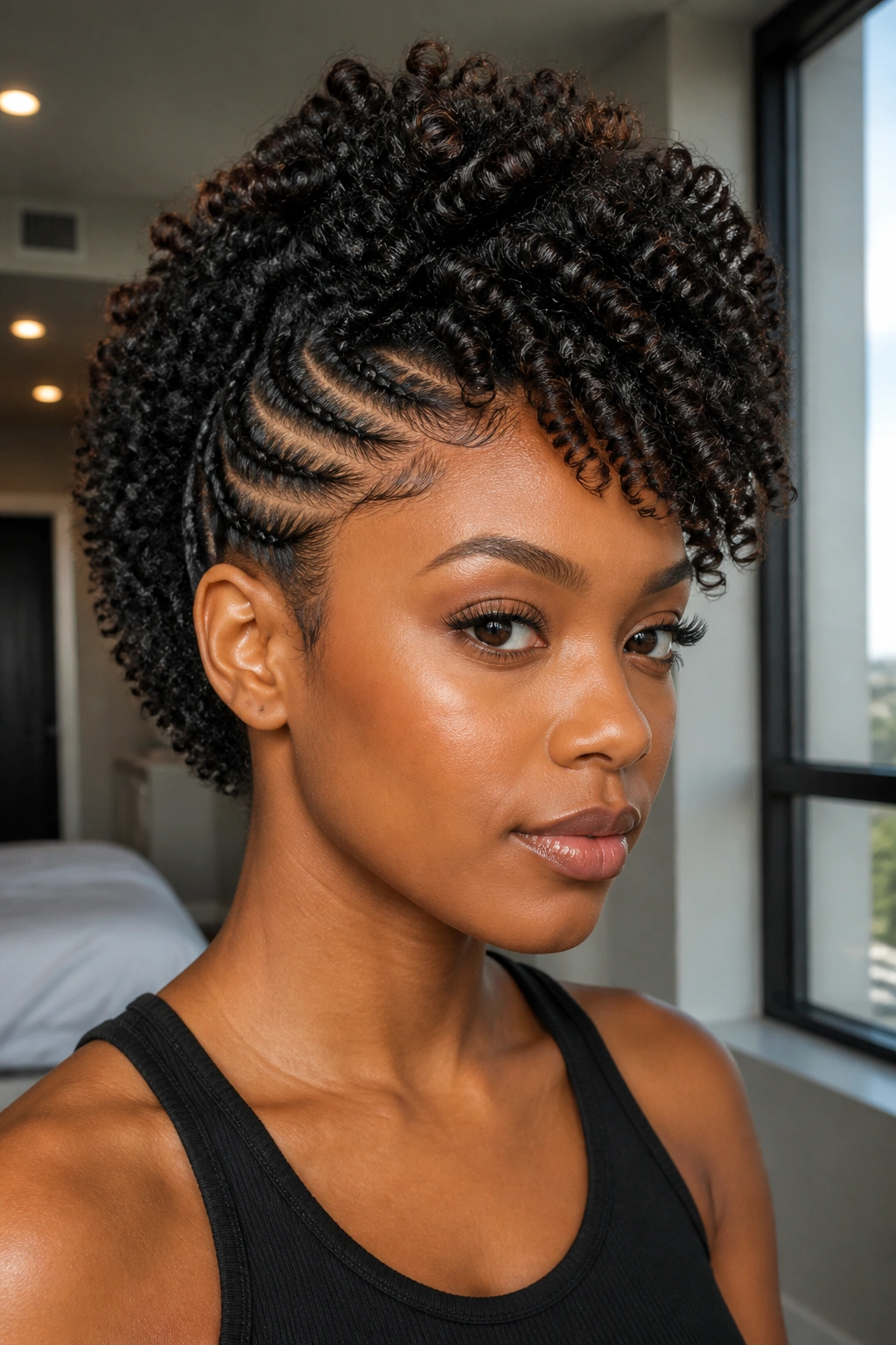 Portrait of real person with center-lift faux-hawk braid out and flattened sides.