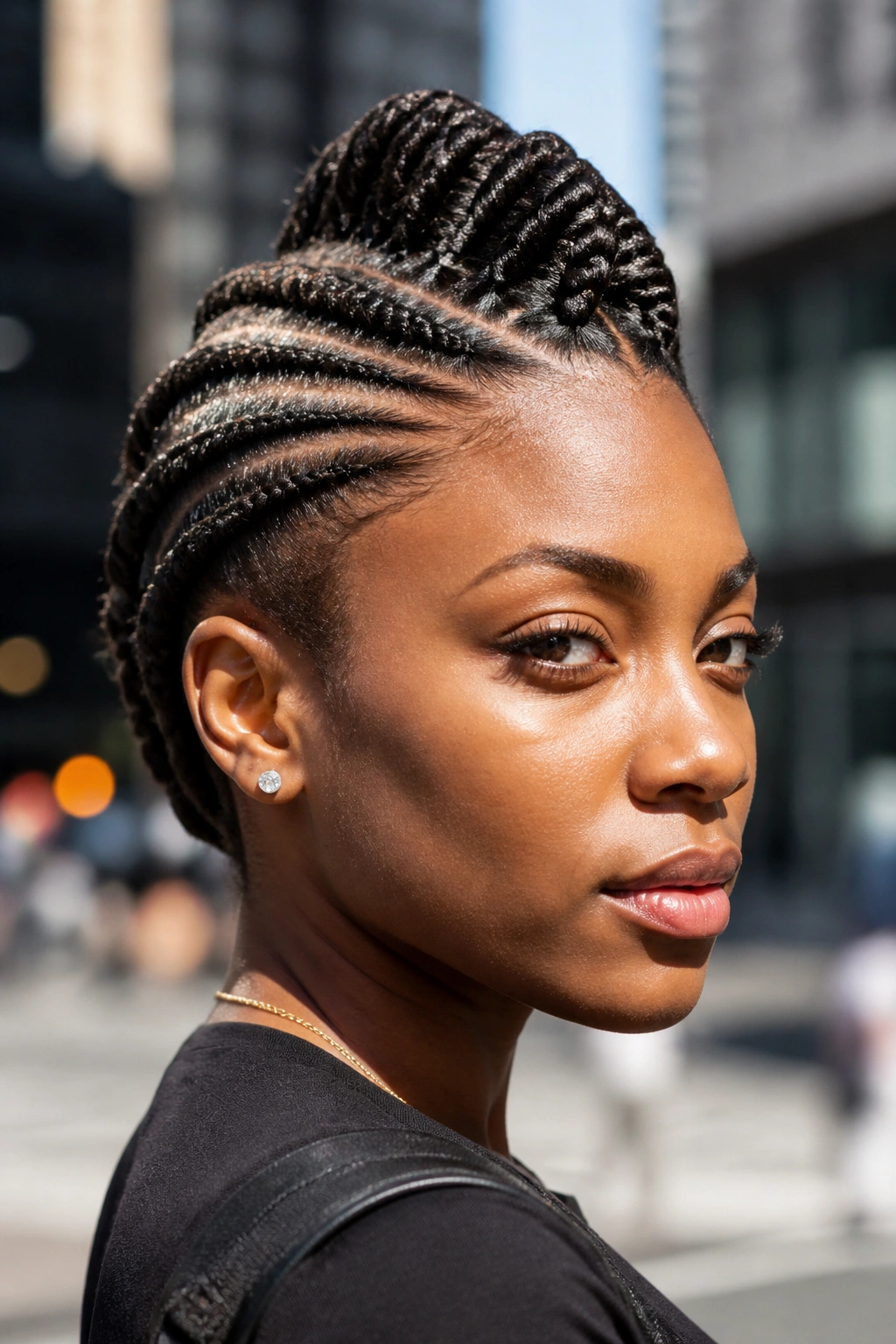 Close-up of a person with a braided faux hawk adding height.