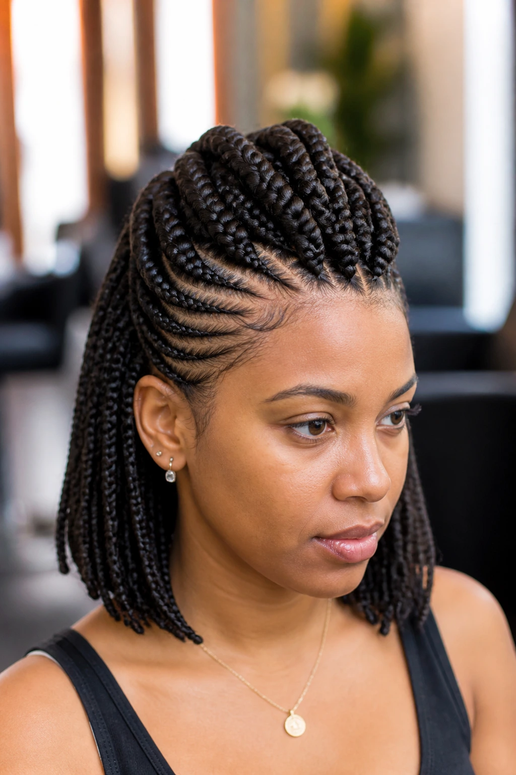 Close-up portrait of a real person with a center ridge of braids forming a faux hawk in a salon setting.