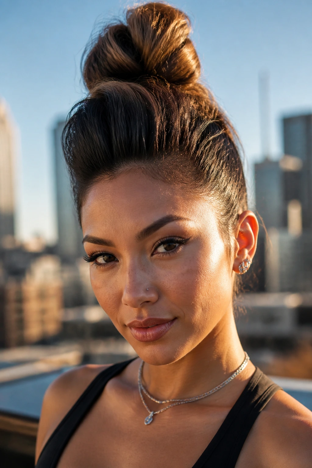 Close-up of a real woman with a tall faux hawk bun at the crown