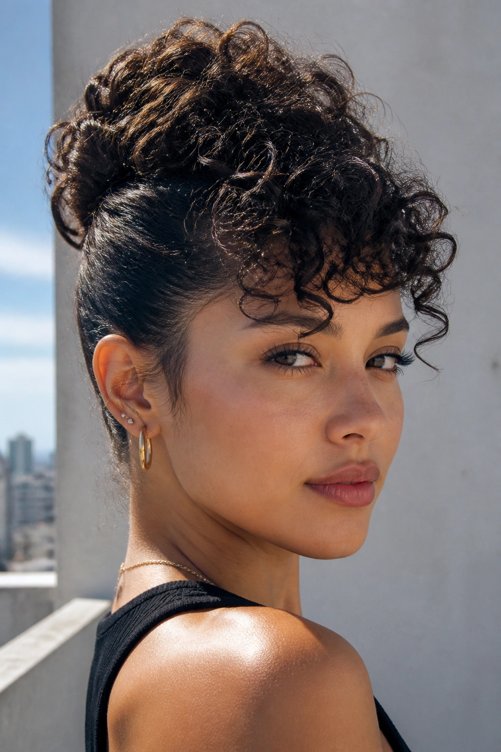Close-up portrait of a real woman with a faux hawk updo and curly bangs.