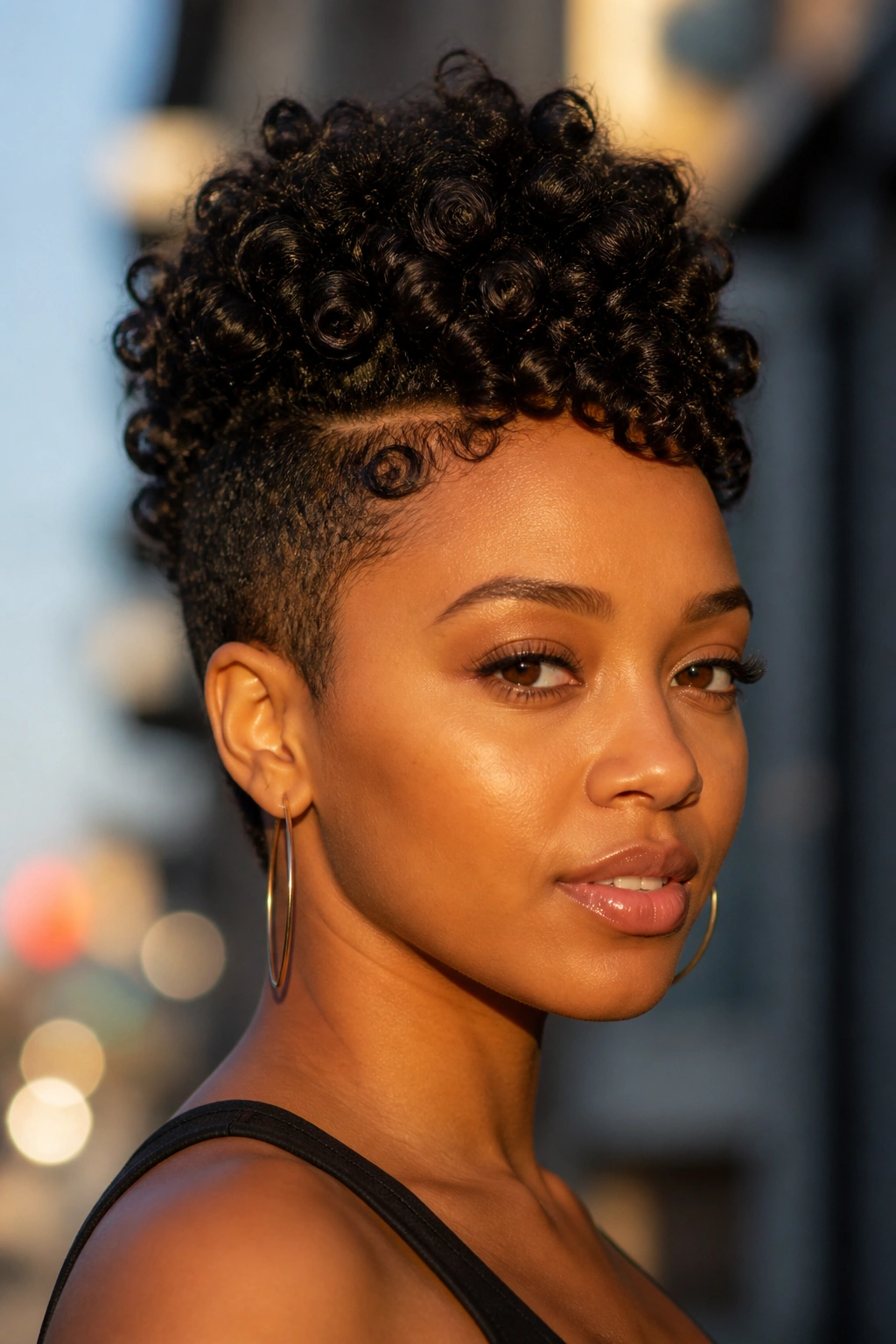 Close-up of a real woman wearing a curly faux hawk with tapered sides and lifted center ridge.