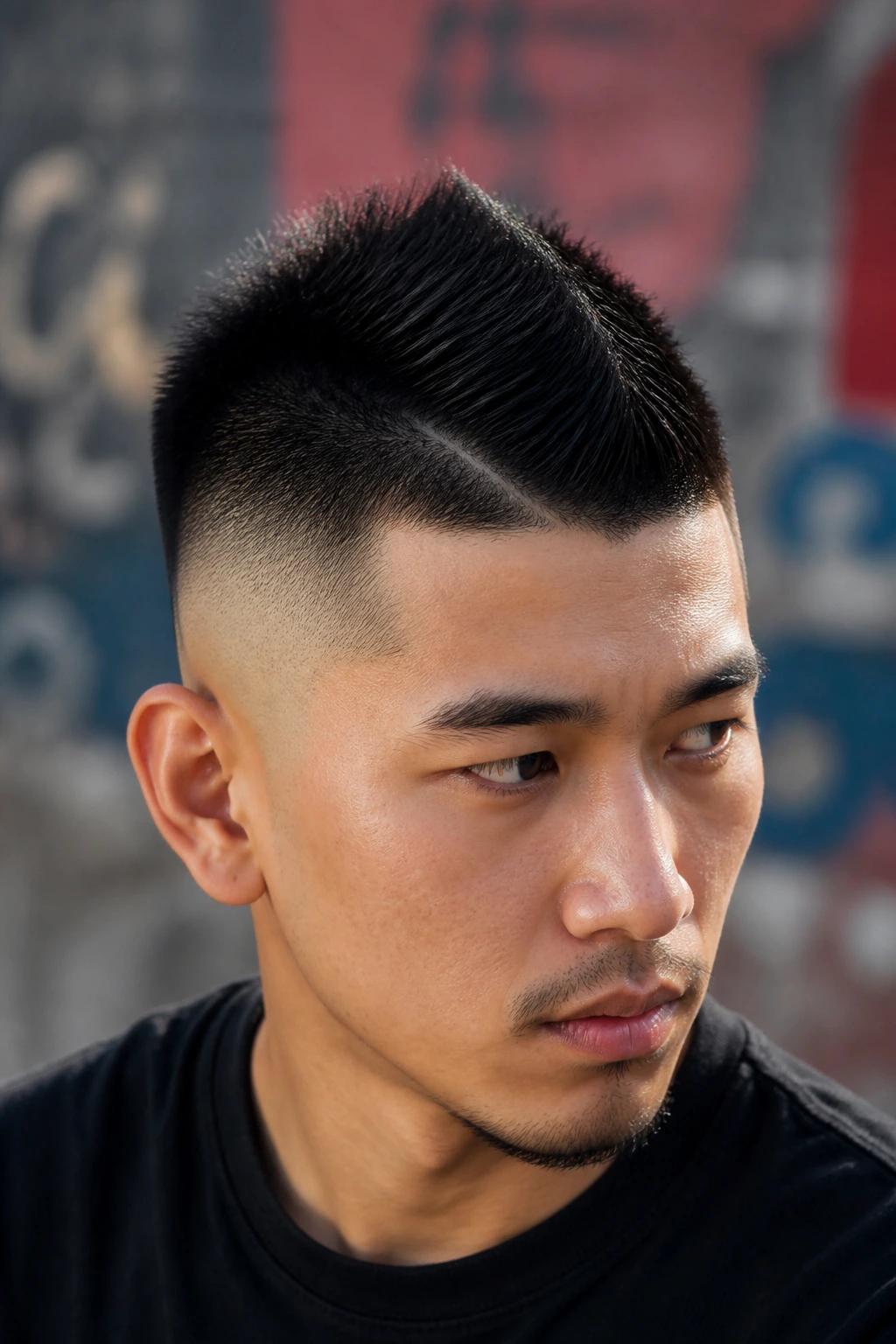 Close-up portrait of a real person with a center faux hawk and fade against an urban backdrop