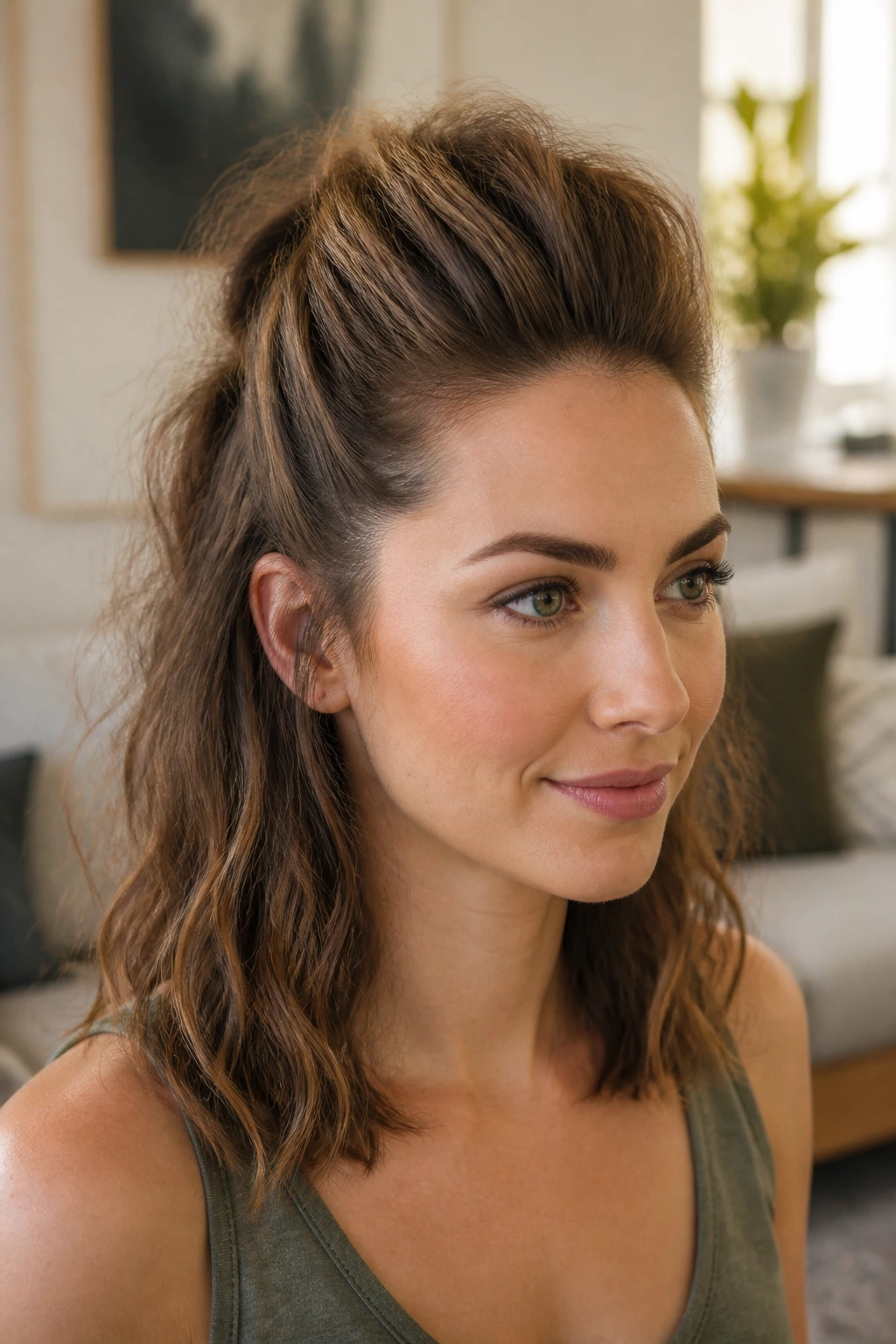 Real woman wearing a Half-Up Faux Hawk in a softly lit living room.