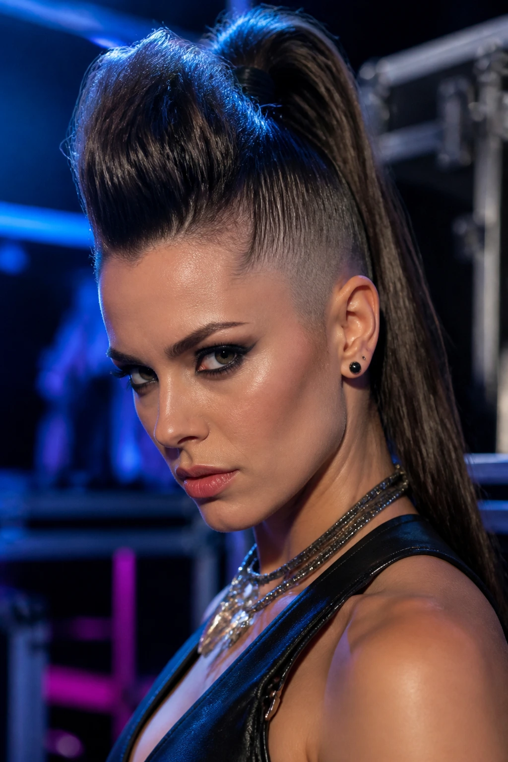Close-up of a real person with a bold faux-hawk high ponytail under dramatic venue lighting