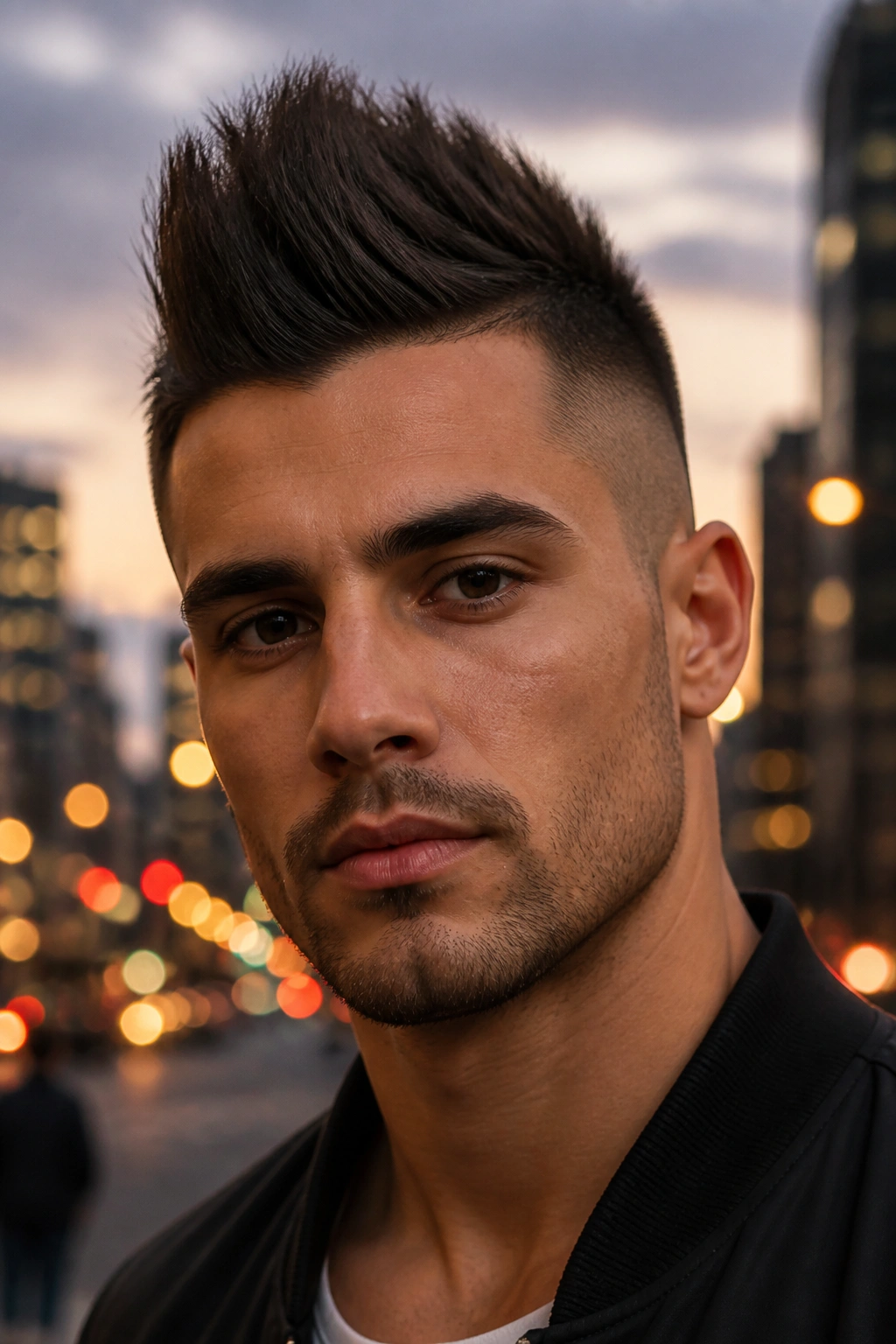 Close-up portrait of a real man with a faux hawk length hairstyle and center ridge