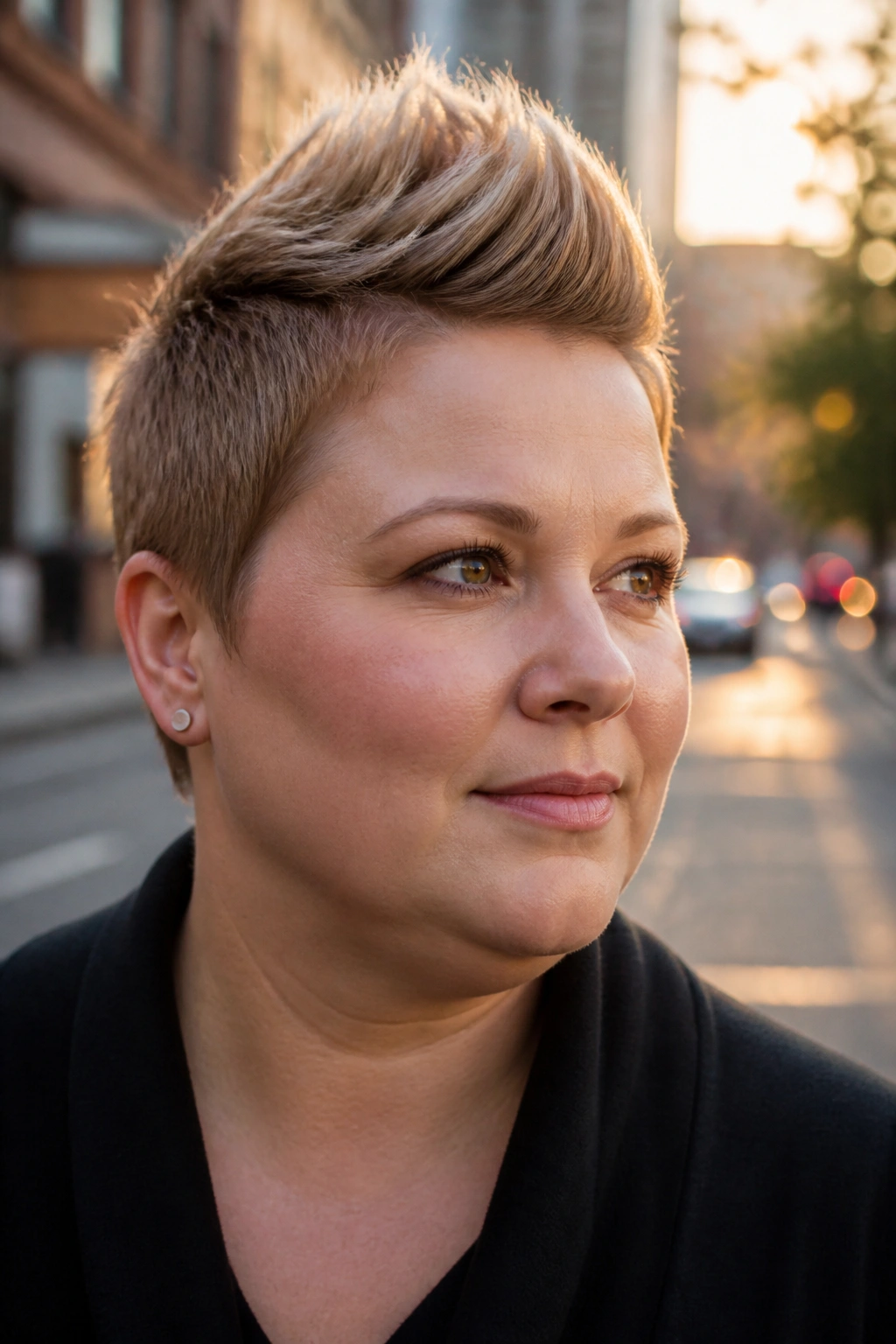 Close-up portrait of a real woman with faux hawk pixie in urban setting