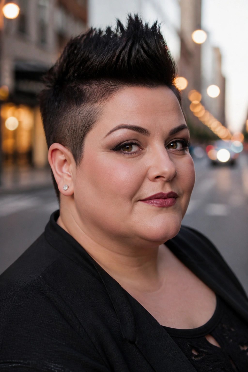 Close-up portrait of a real woman with faux hawk pixie in urban evening light