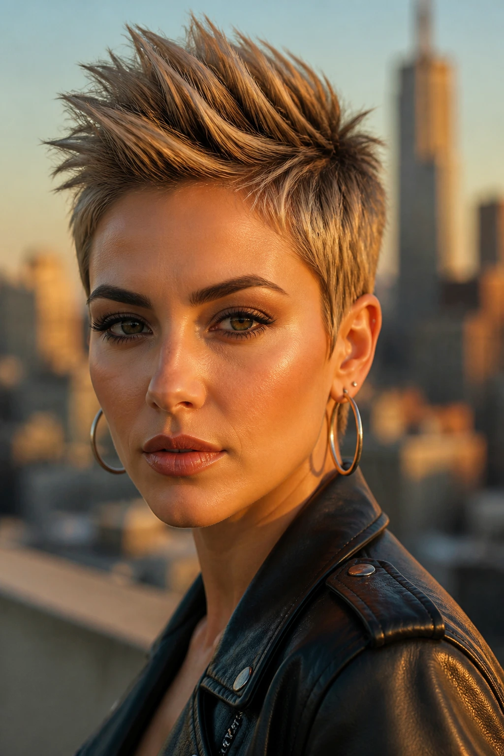 Close-up of a real person with a faux-hawk pixie on a rooftop