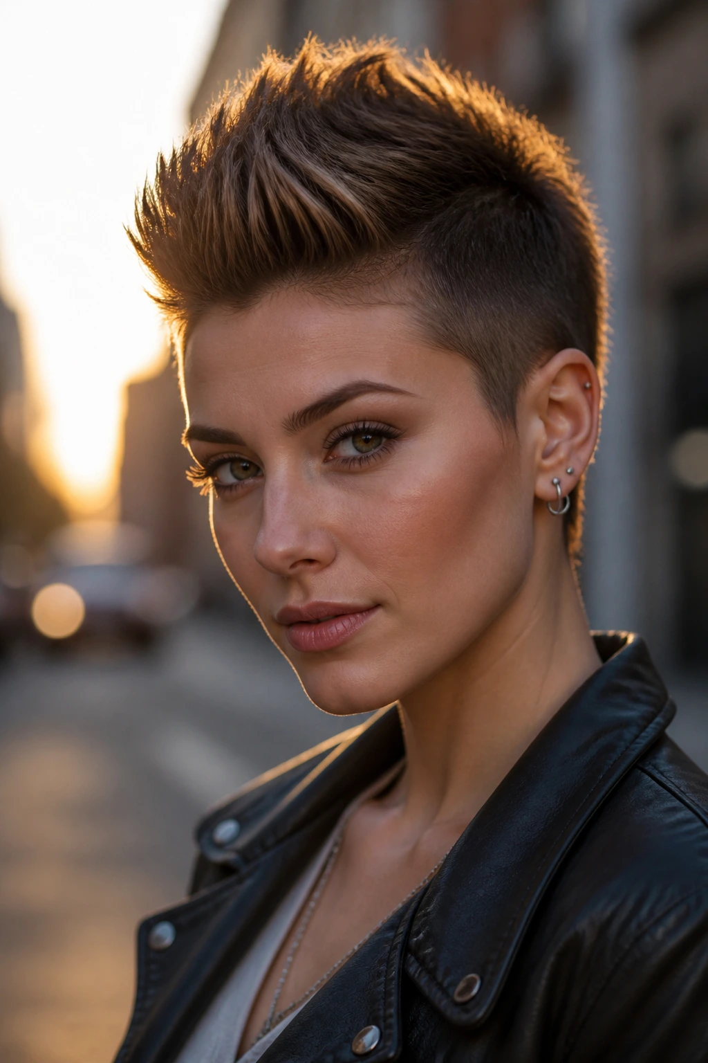 Close-up portrait of Faux-Hawk Pixie on a real person with a center ridge