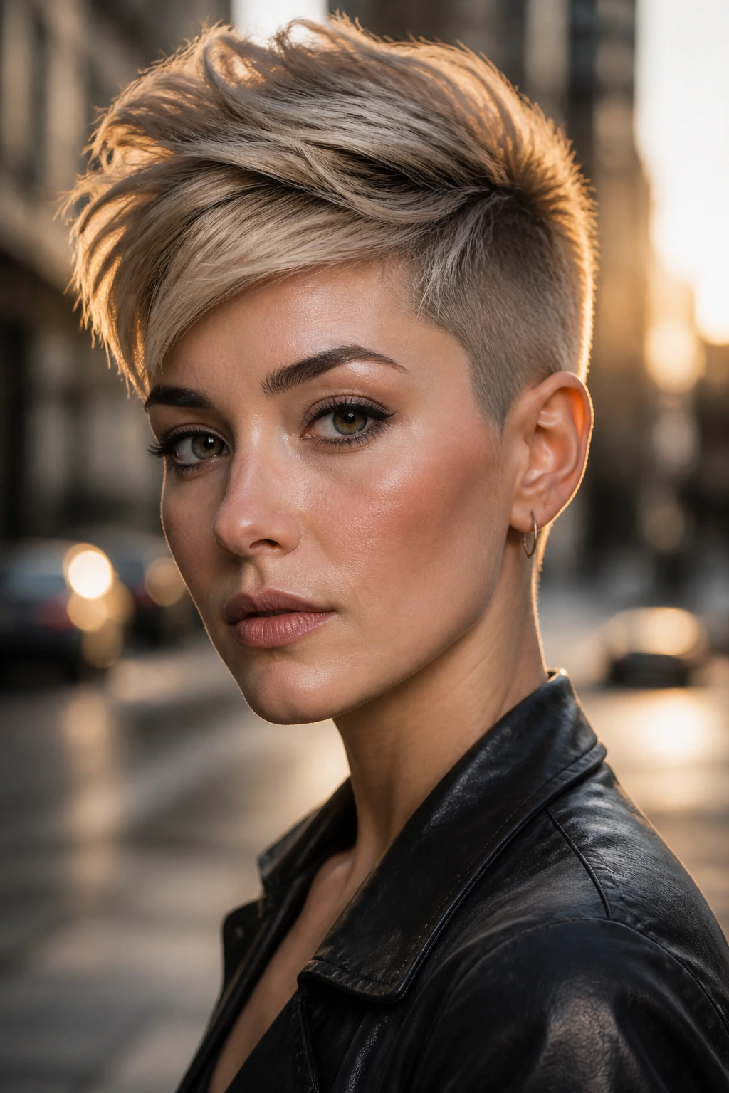 Portrait of a real woman with faux-hawk pixie and swept fringe on a golden-hour street.