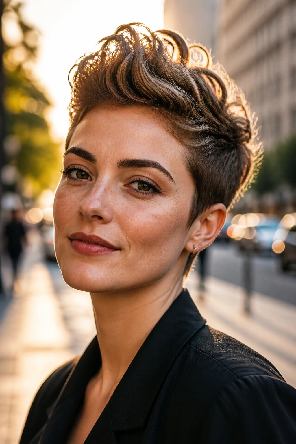 Real woman with faux hawk pixie in urban golden hour light
