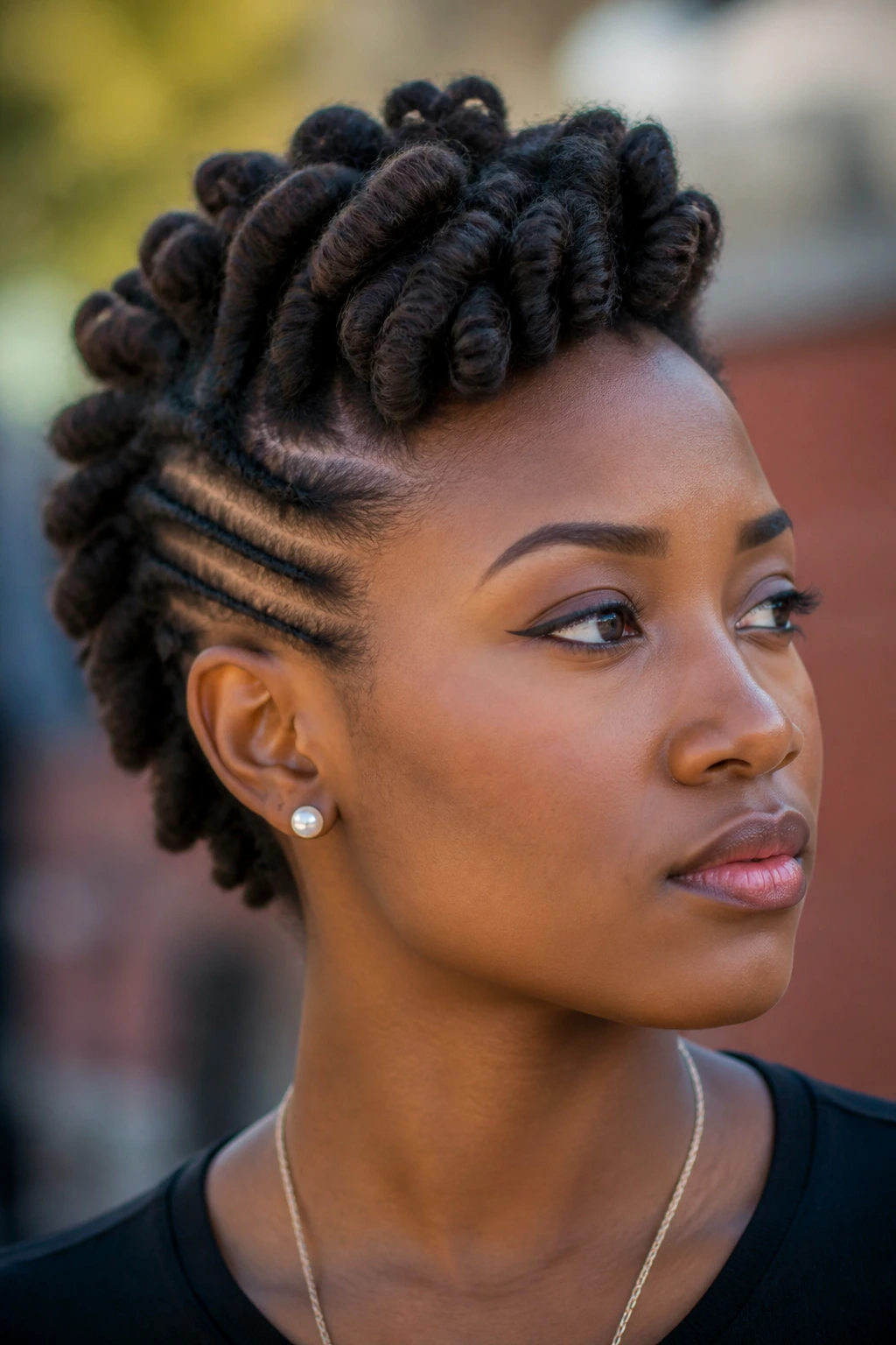 Portrait of a real person with a faux hawk created from twists and rows