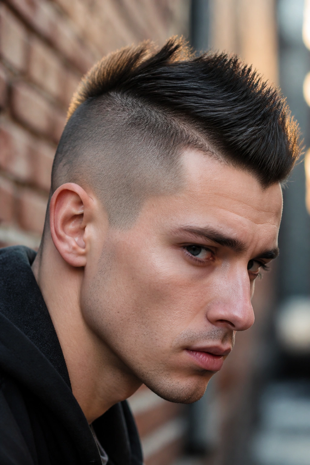 Close-up portrait of a person with a faux hawk and tapered sides.