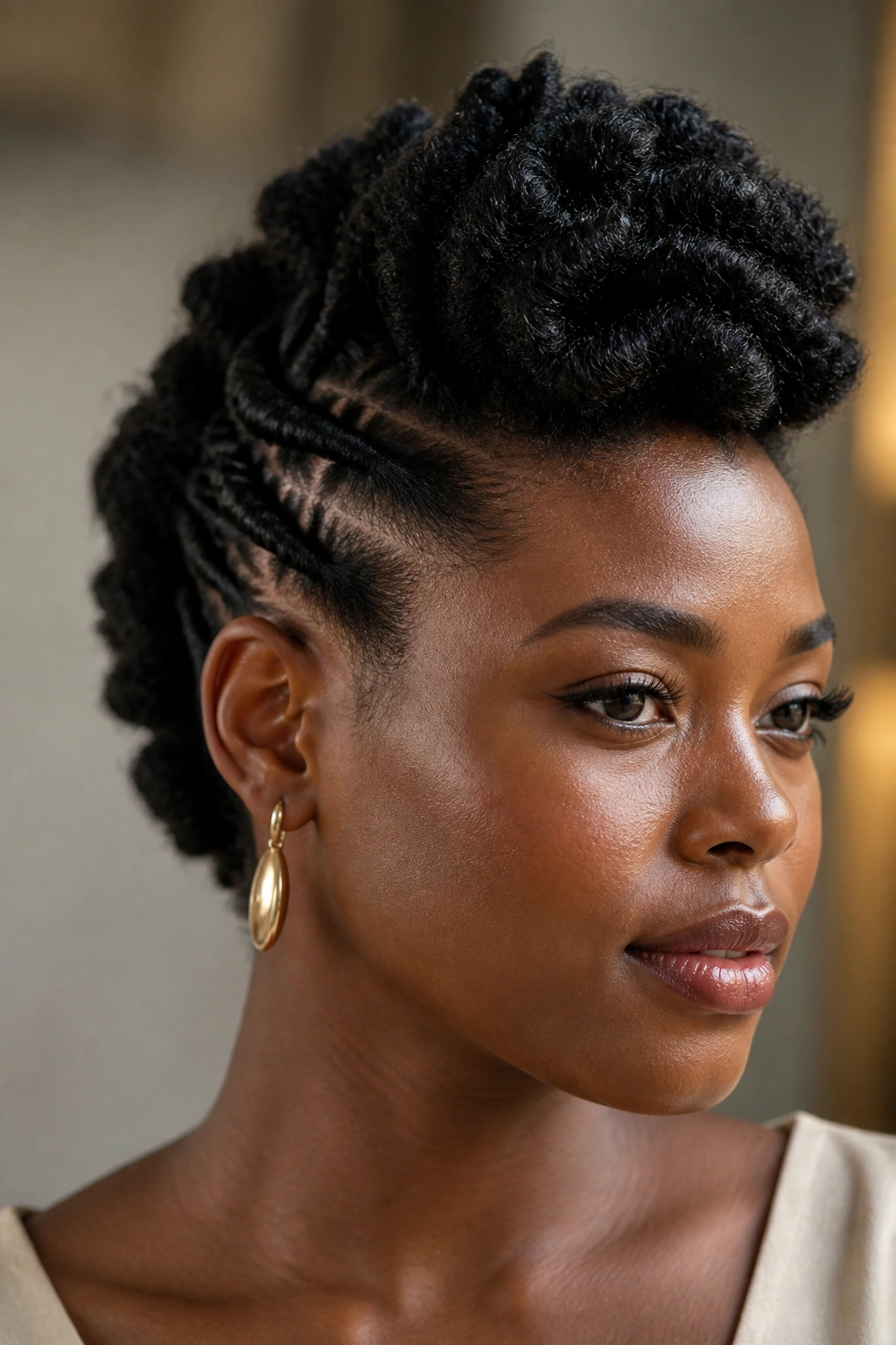 Real woman with twist-and-tuck faux hawk showing center height and side twists.