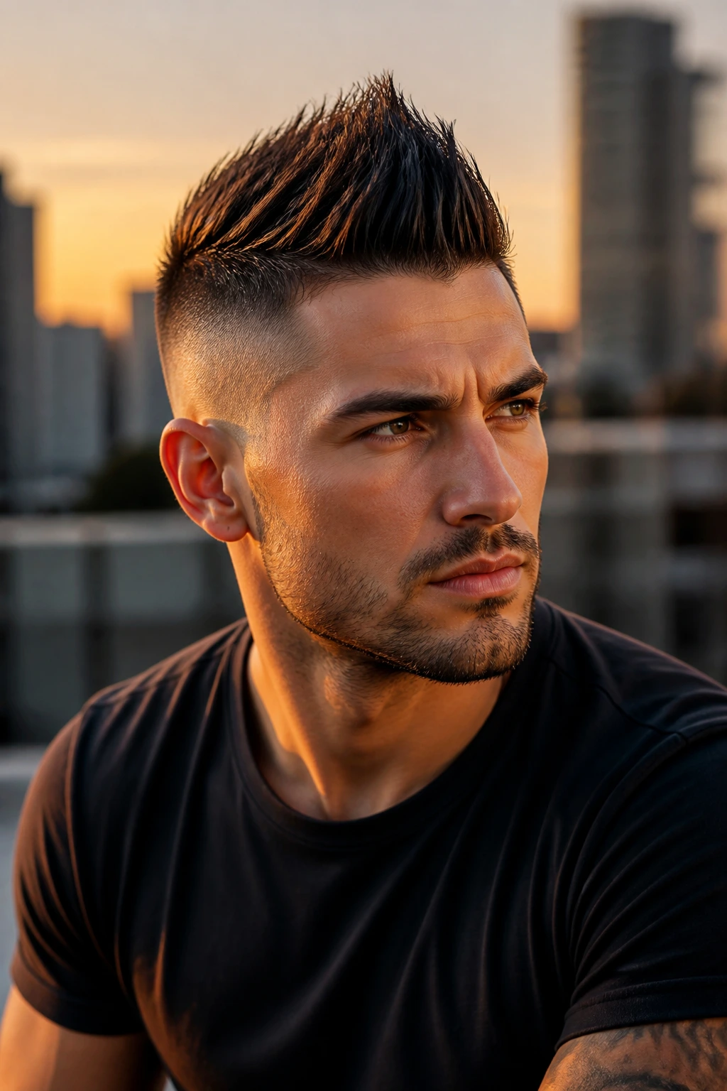 Portrait of a real person with Faux Hawk Undercut on a city rooftop at golden hour