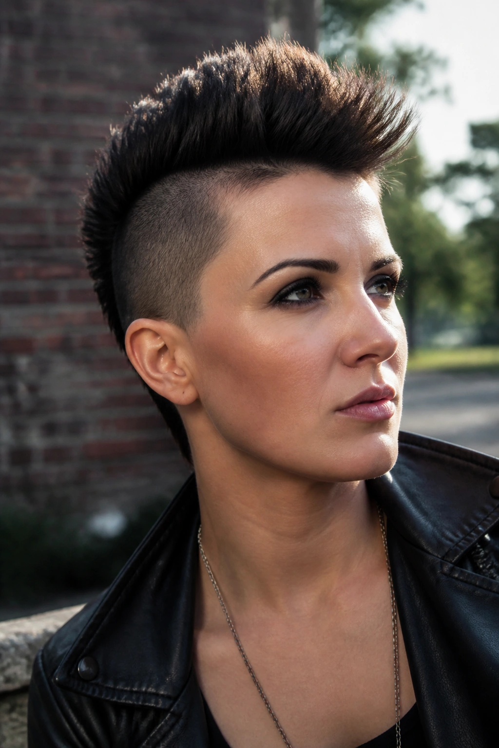 Real woman with a faux hawk undercut, center hair lifted.