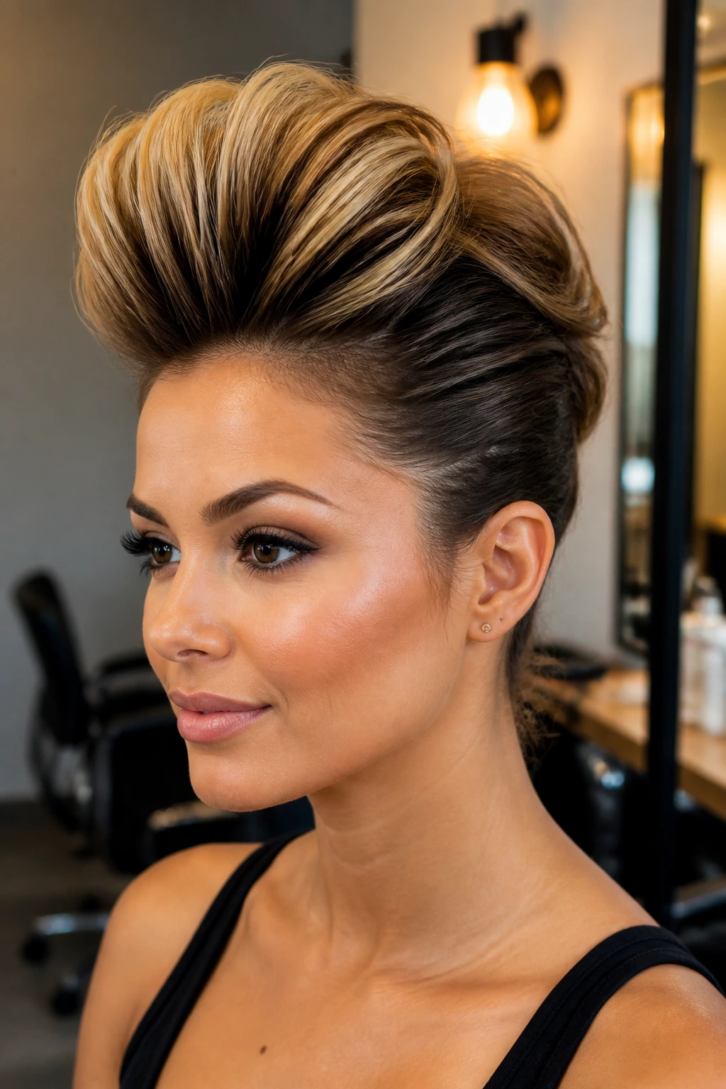 Close-up of a real woman's Faux Hawk Pompadour Updo in a salon setting.