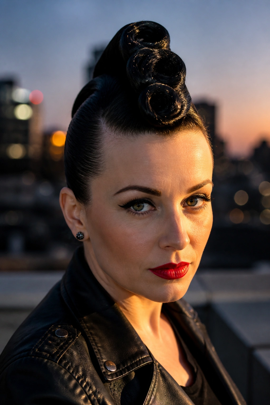 Close-up of a woman with a center-line faux hawk victory roll.