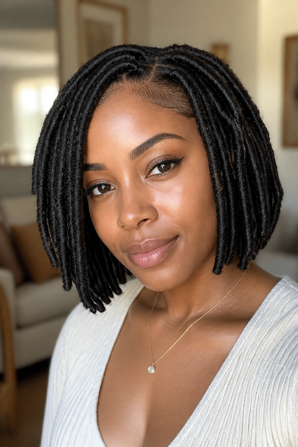 Close-up of a real woman with chin-length faux loc bob