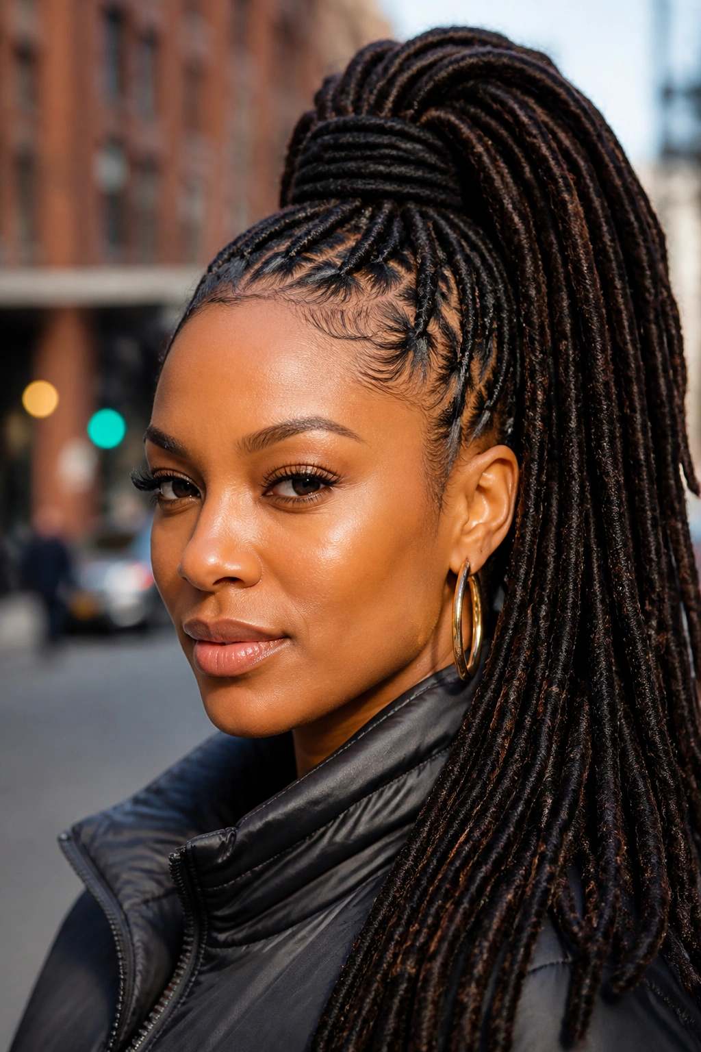 Close-up of a real woman with a high ponytail of faux locs