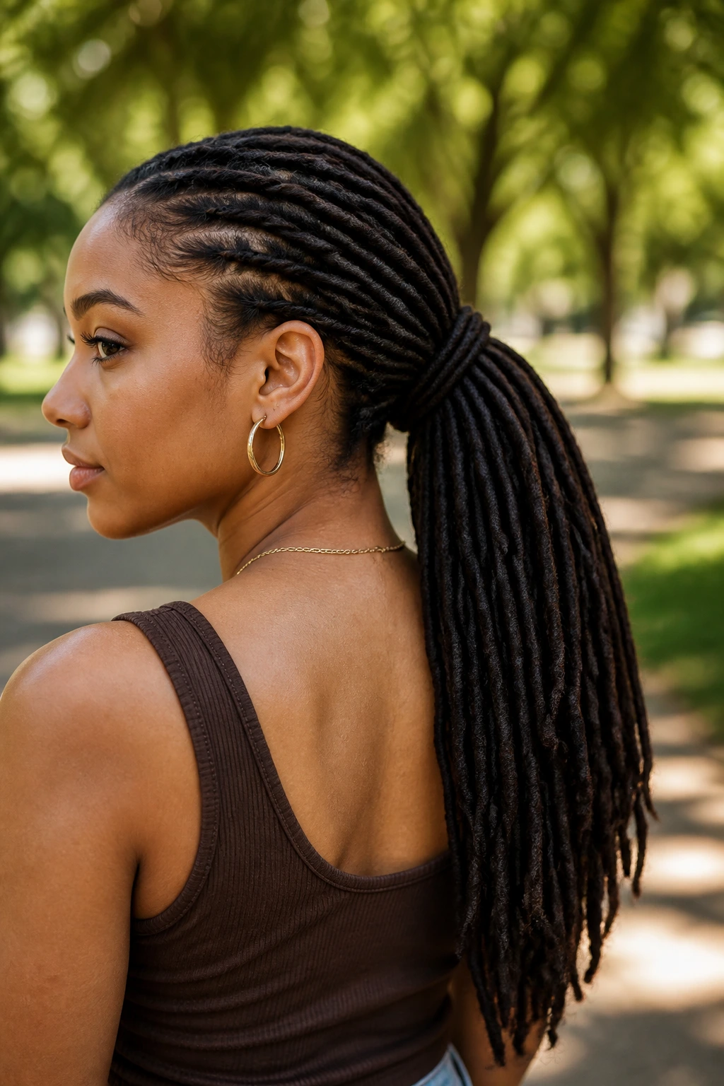Close-up of a real person with a faux-loc twist ponytail