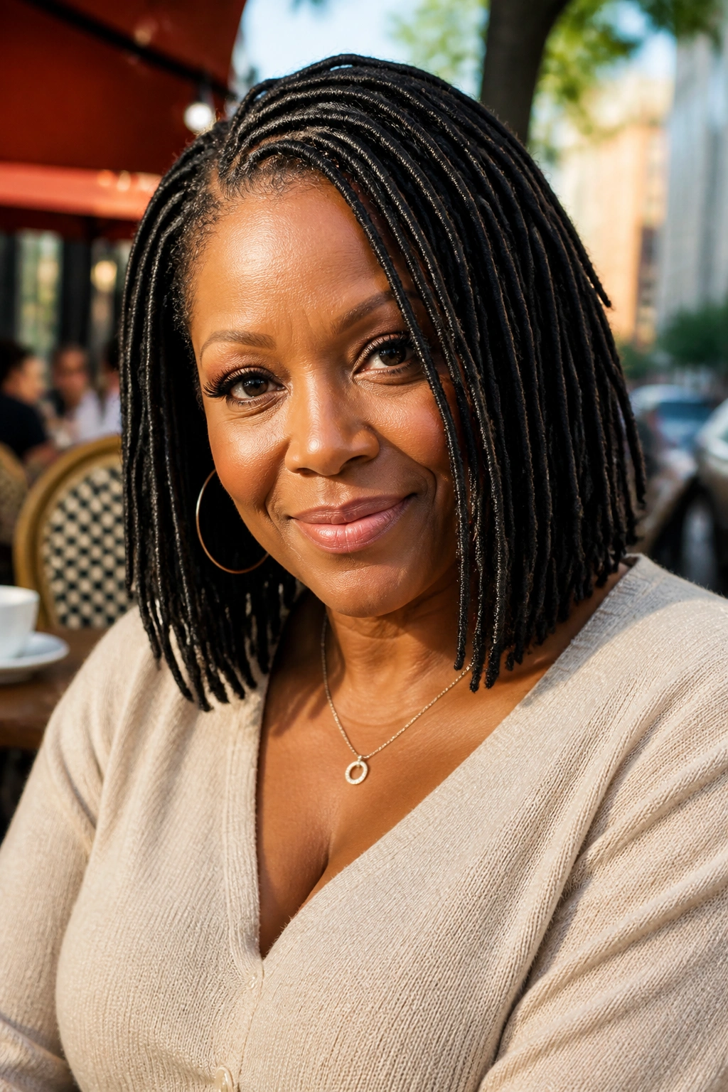 Real woman with bob-length faux locs in outdoor cafe setting