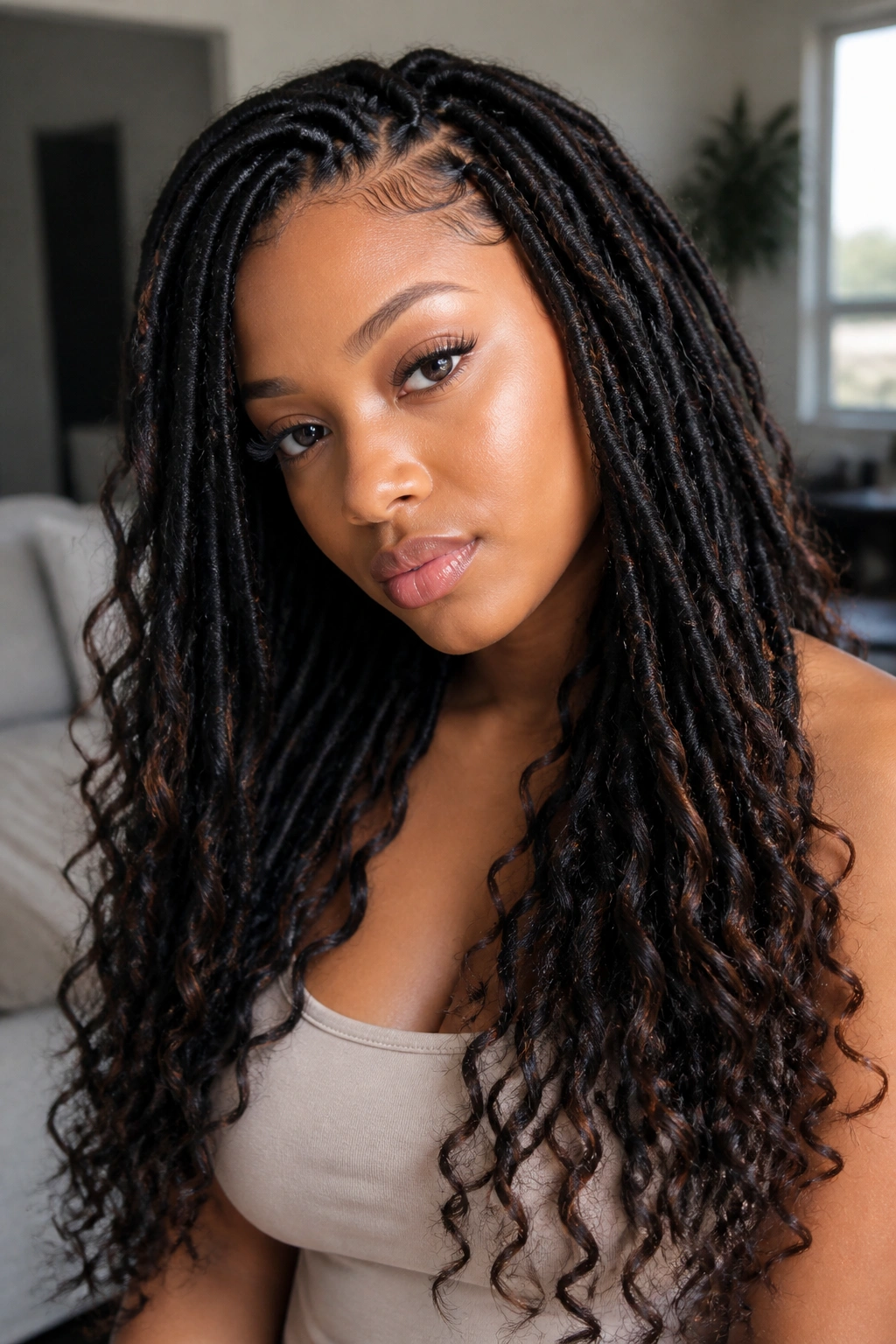 Close-up portrait of a person wearing faux locs with loose curls under soft natural light