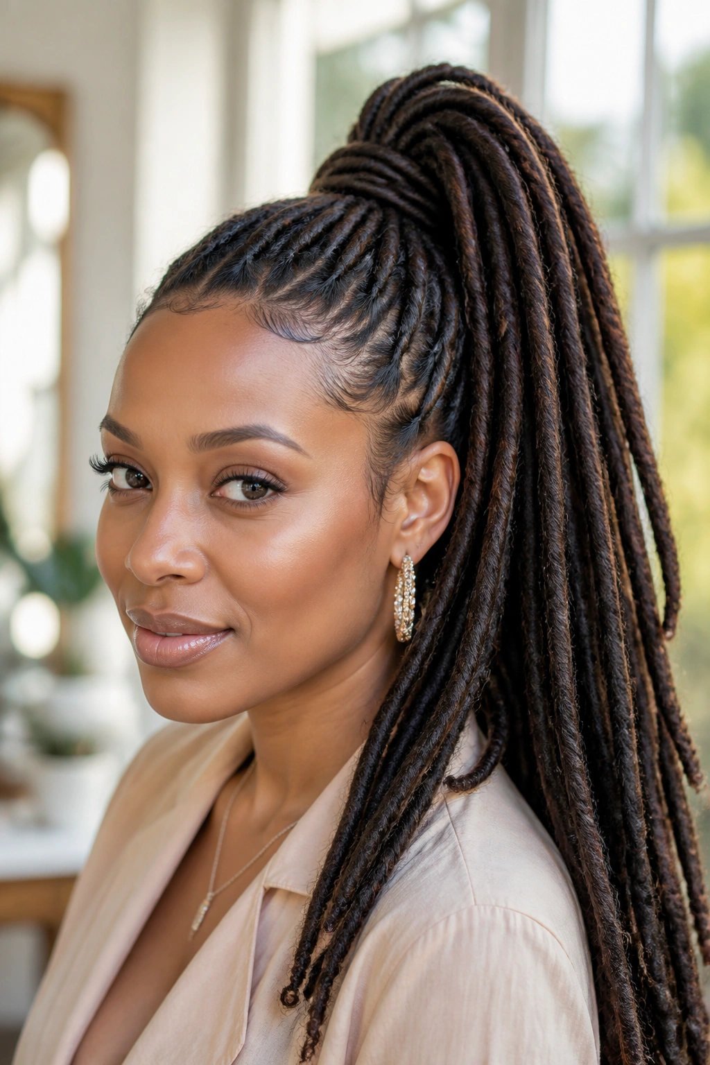 Close-up of a real woman with a high ponytail of faux locs and wrapped base.