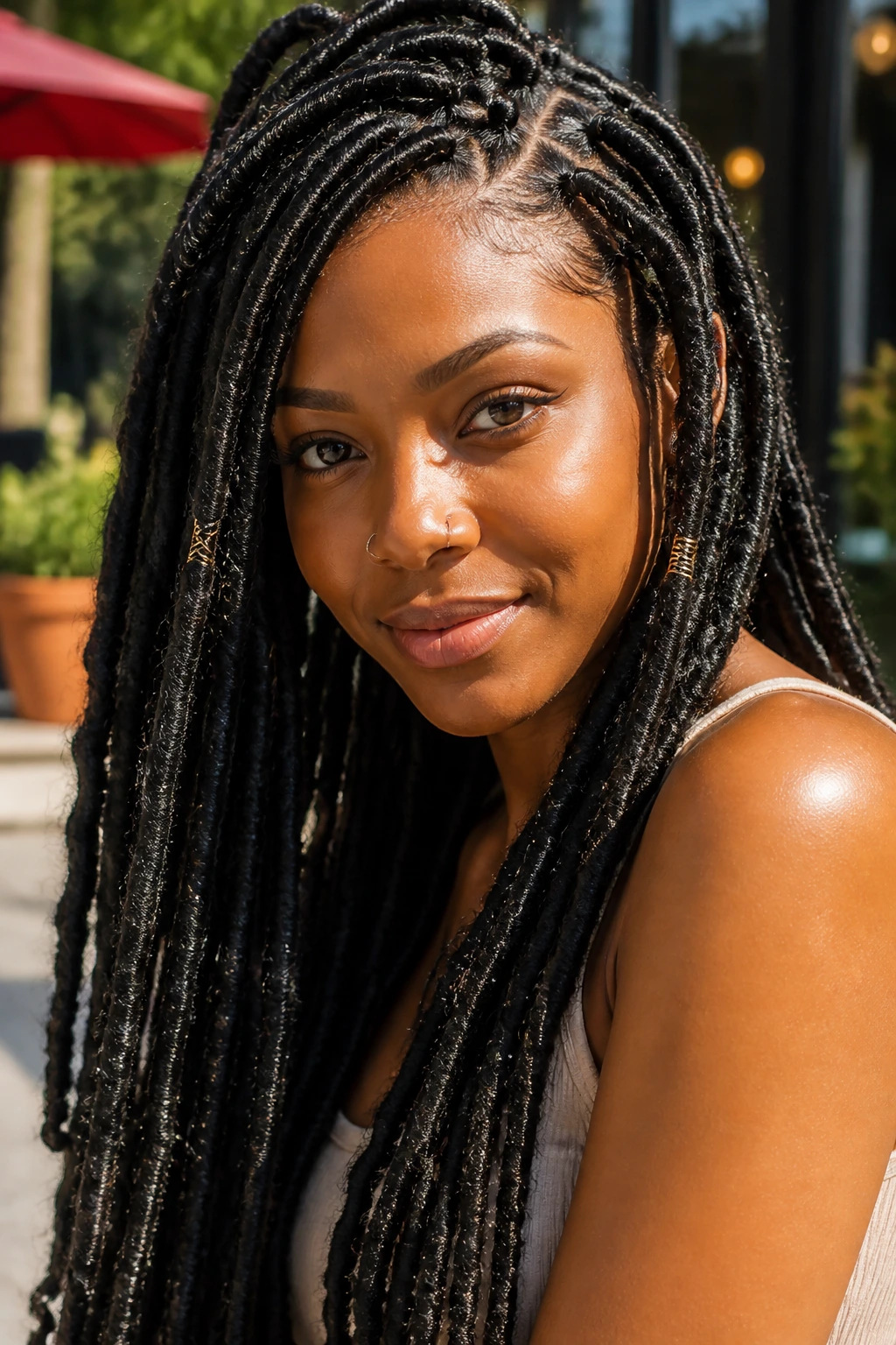 Real person with faux locs in outdoor setting