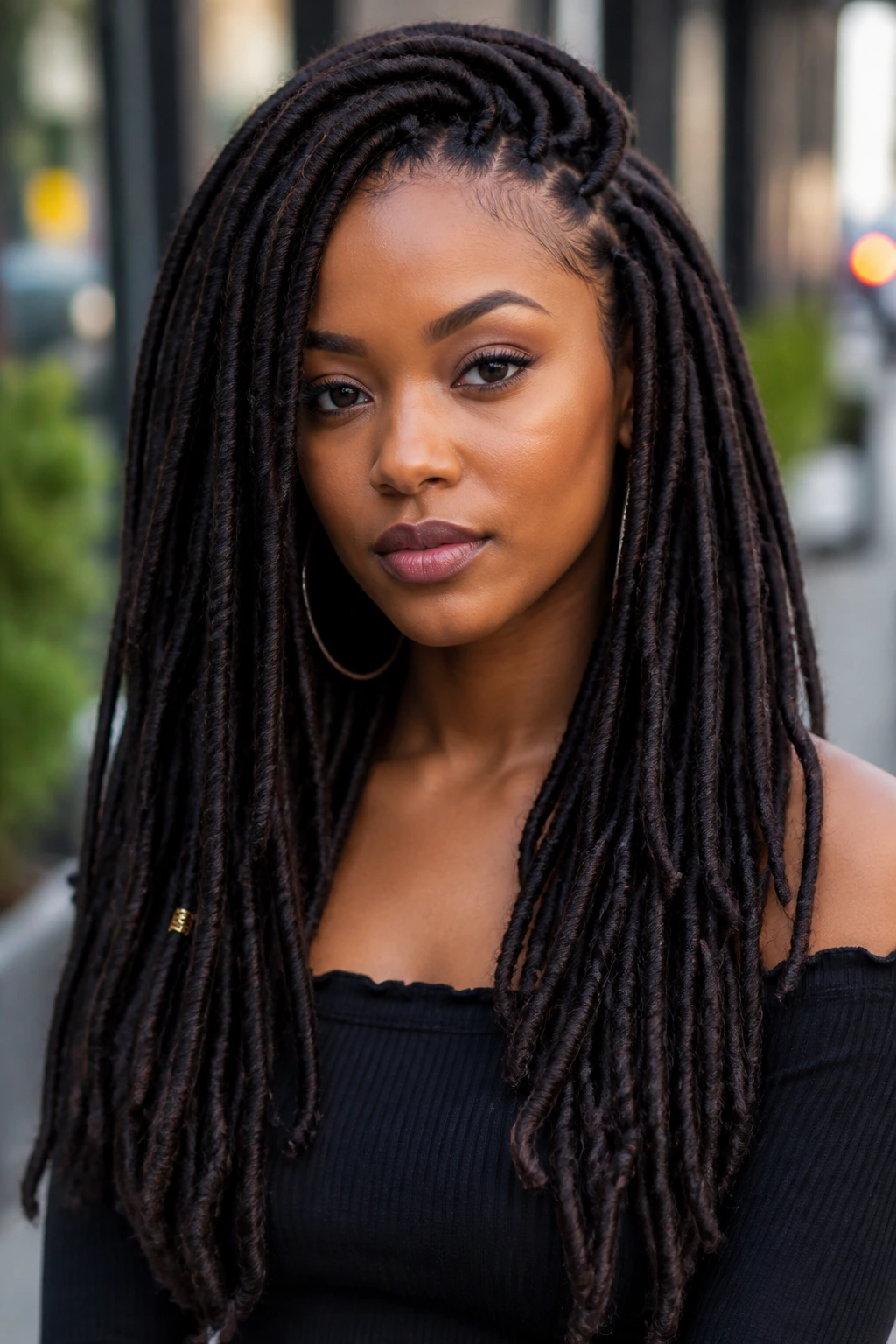 Close-up of a real woman wearing faux locs