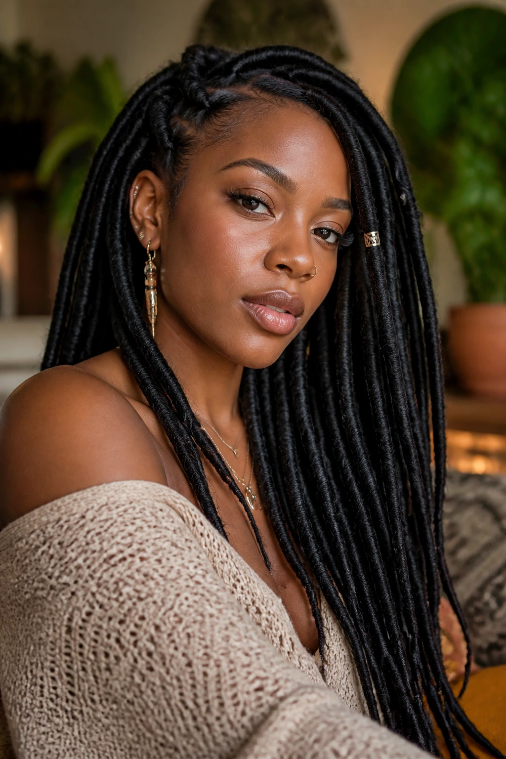 Close-up portrait of a real woman with thick faux locs.