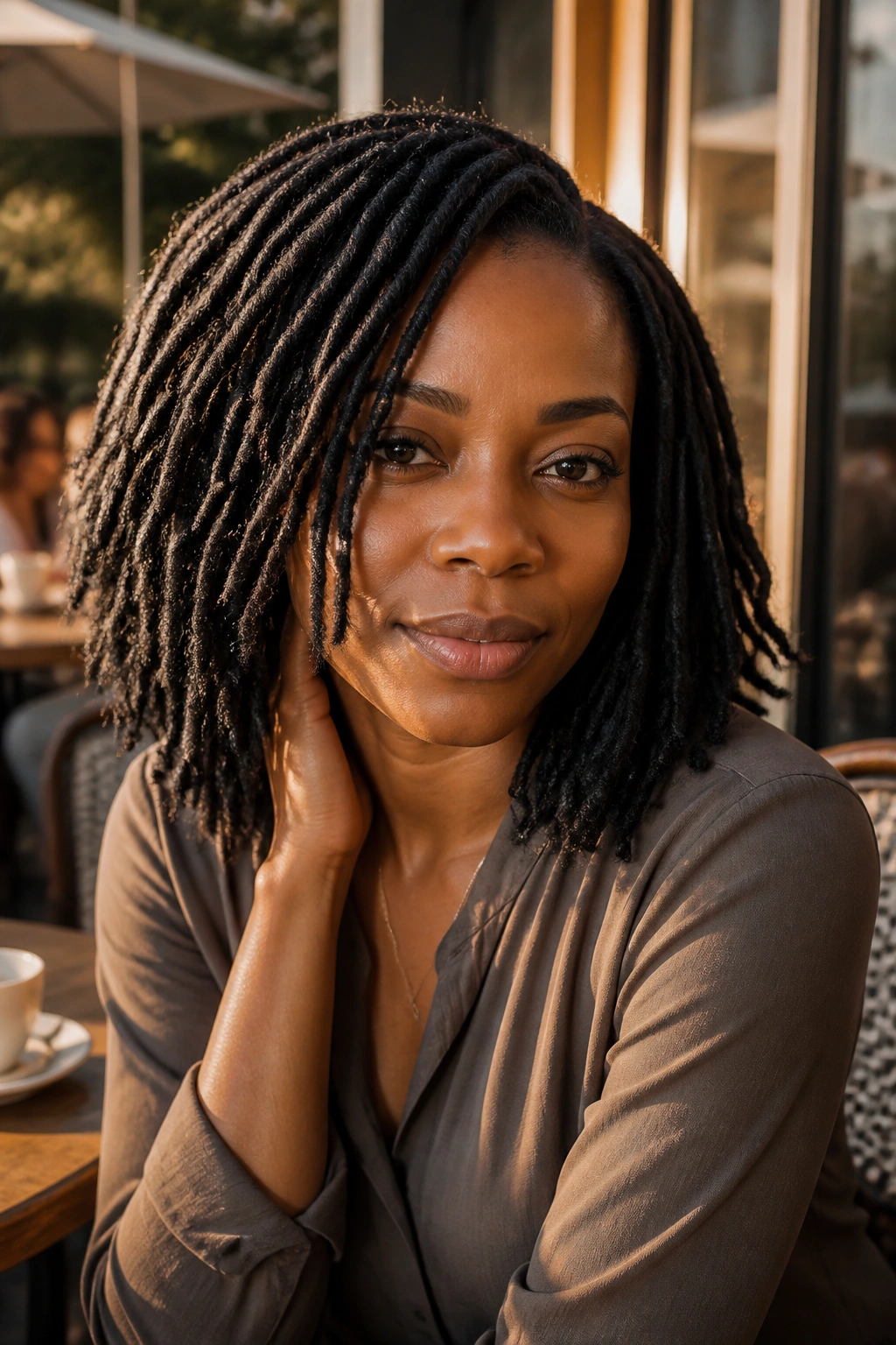 Close-up of a woman with shoulder-length faux locs in warm outdoor light