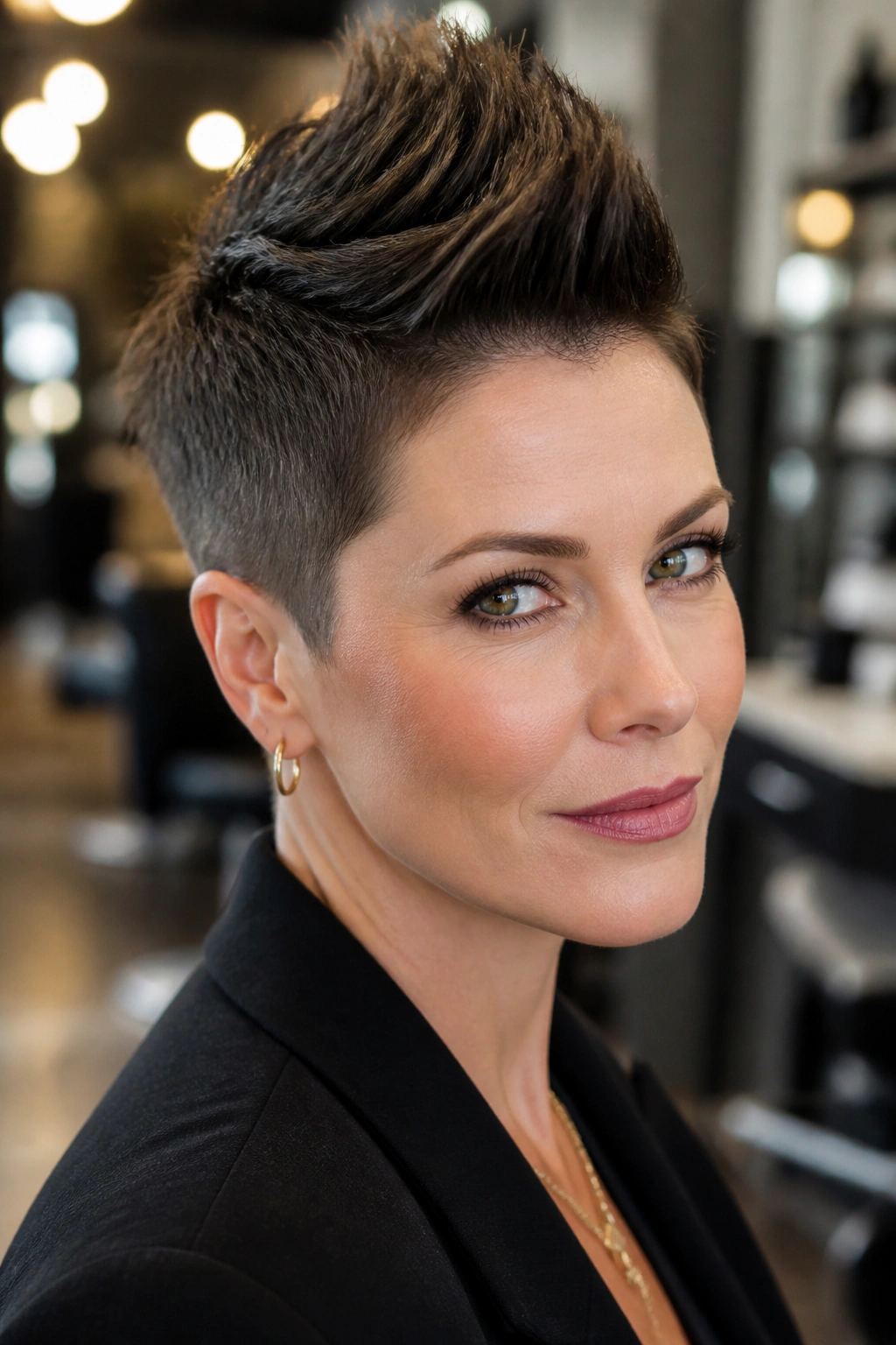 Portrait of a real woman with a faux-hawk pixie and strong vertical line in salon lighting.