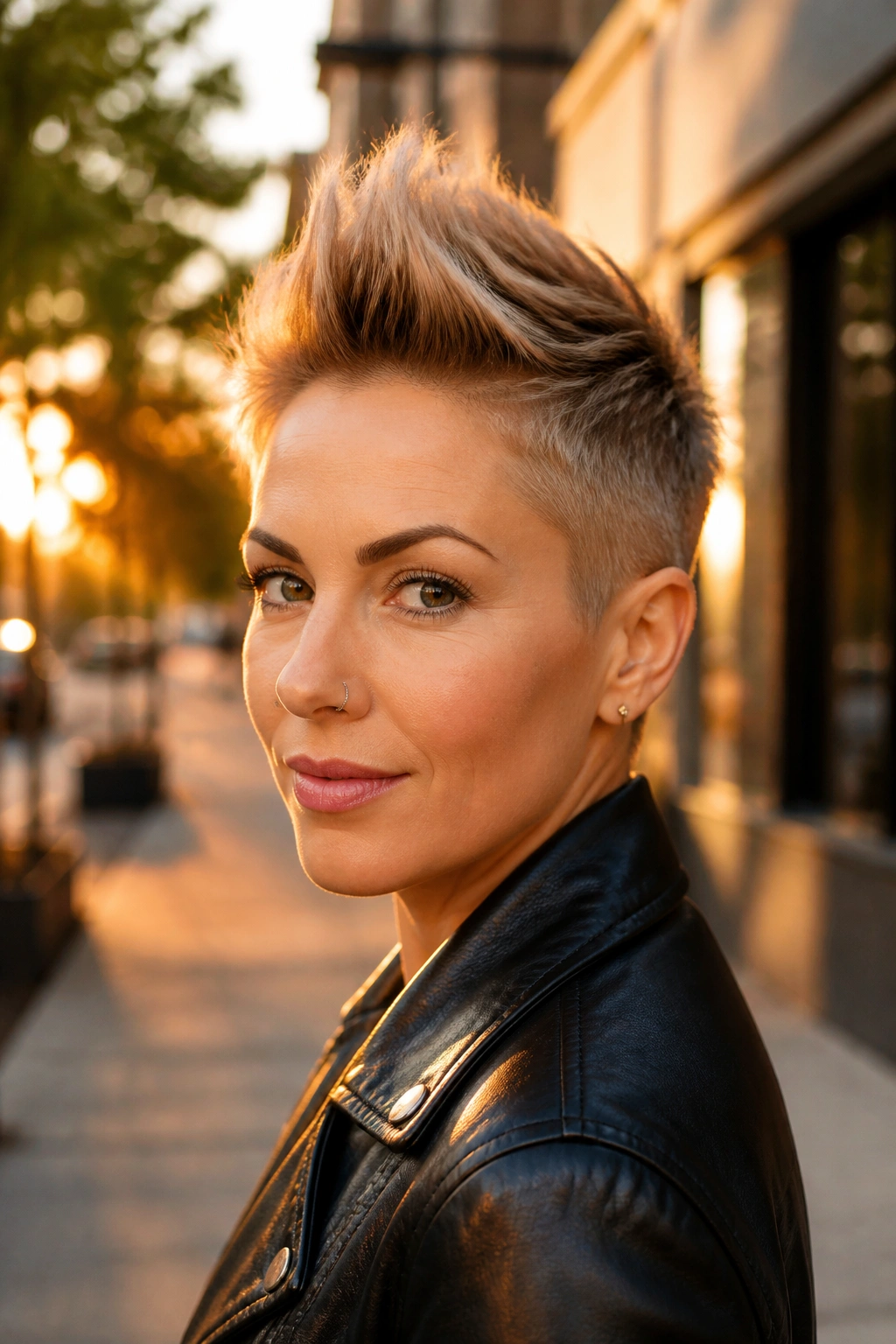 Three-quarter portrait of a woman with faux-hawk pixie showing center ridge