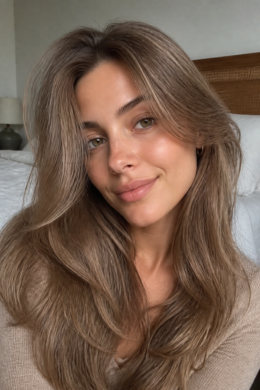Close-up of a real woman with soft fawn brown hair in natural daylight