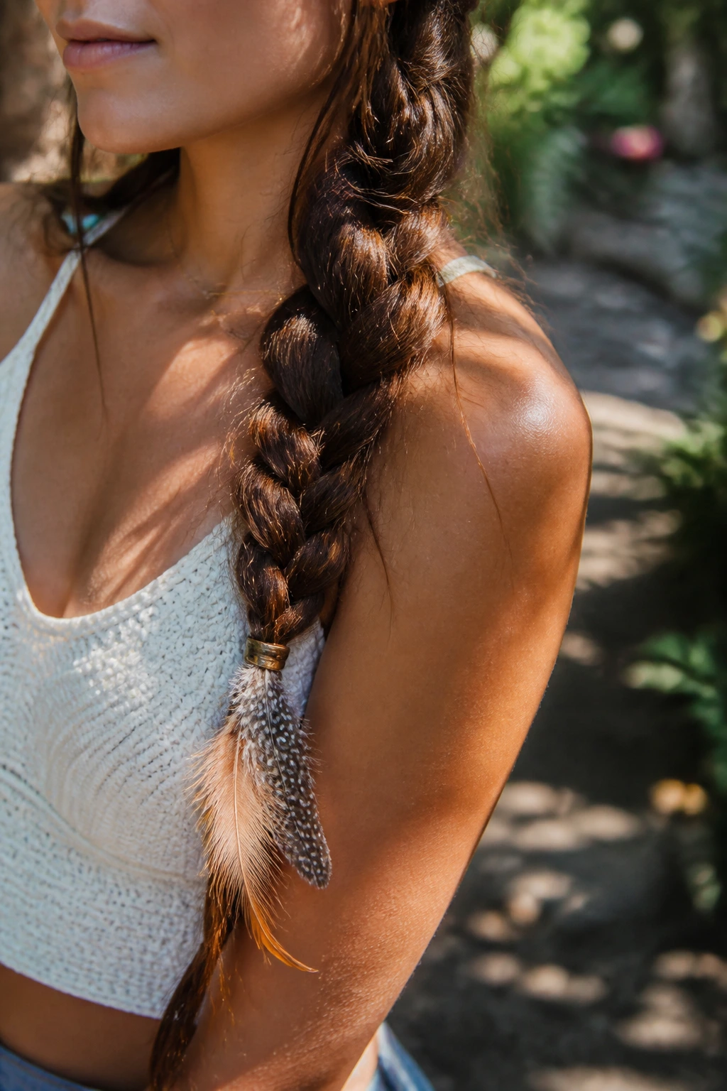 Close-up of a long braid with feather accents on a real person