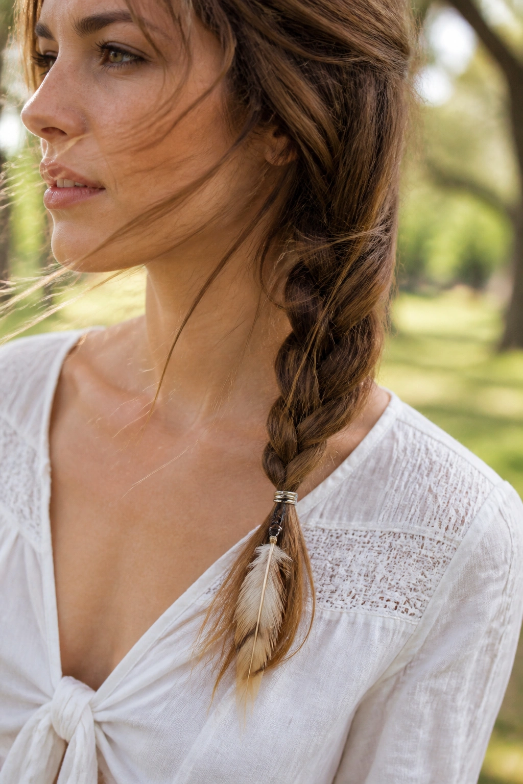 Close-up of a real person with a feather charm ring in a long braid outdoors