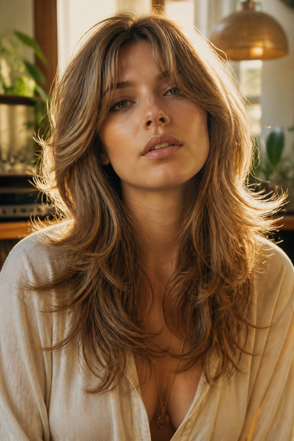 Close-up portrait of a real woman with feathered ends and 70s long shag