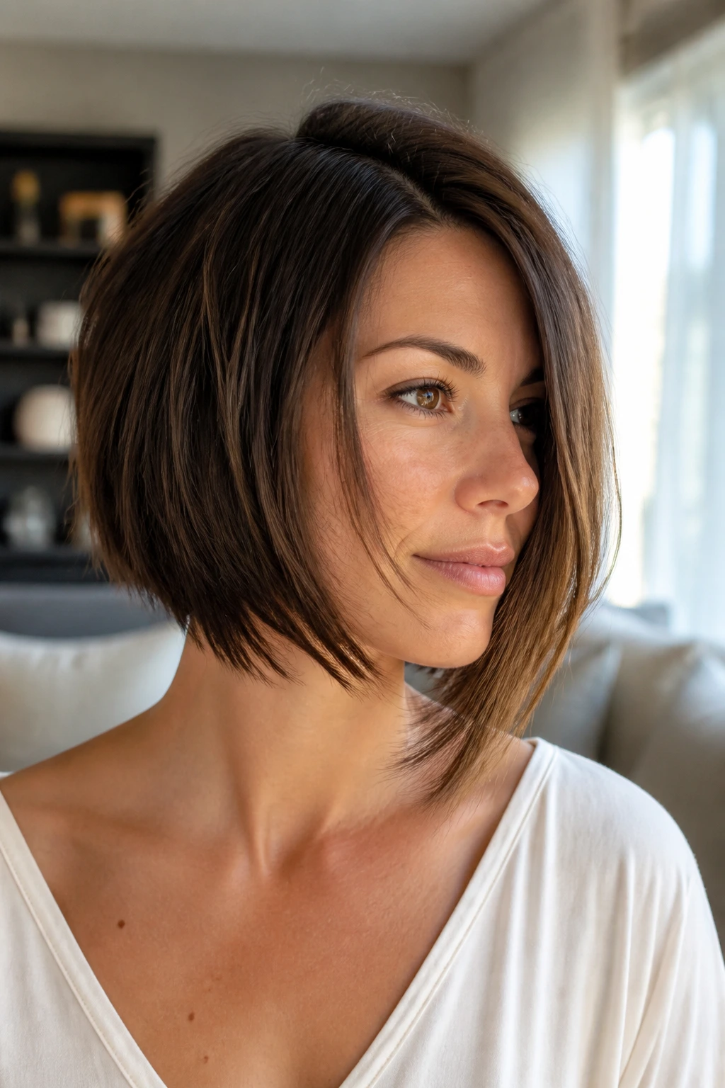 Real woman with feathered perimeter of an asymmetric bob in daylight