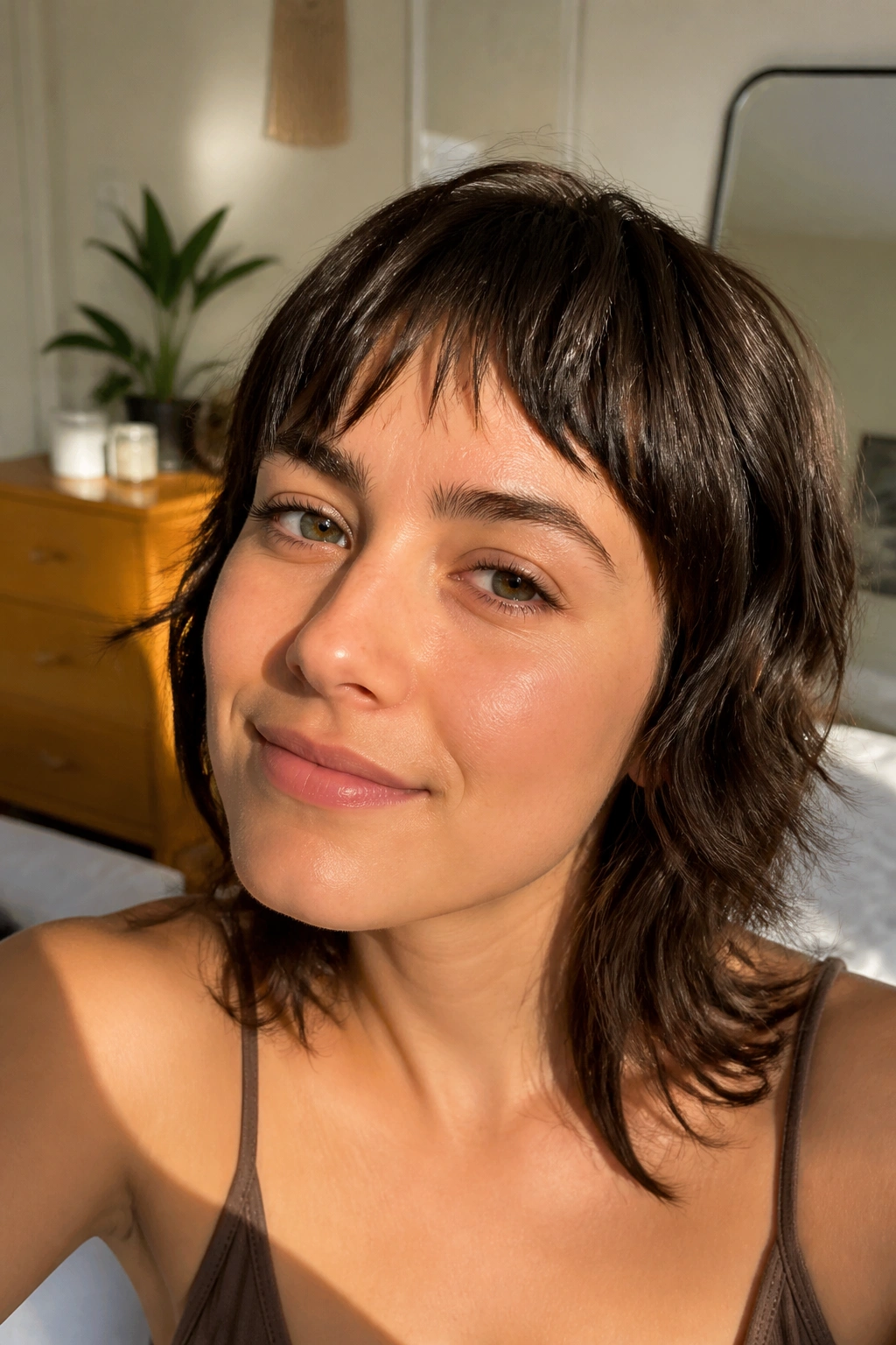 Real woman with feathered baby bangs in natural morning light