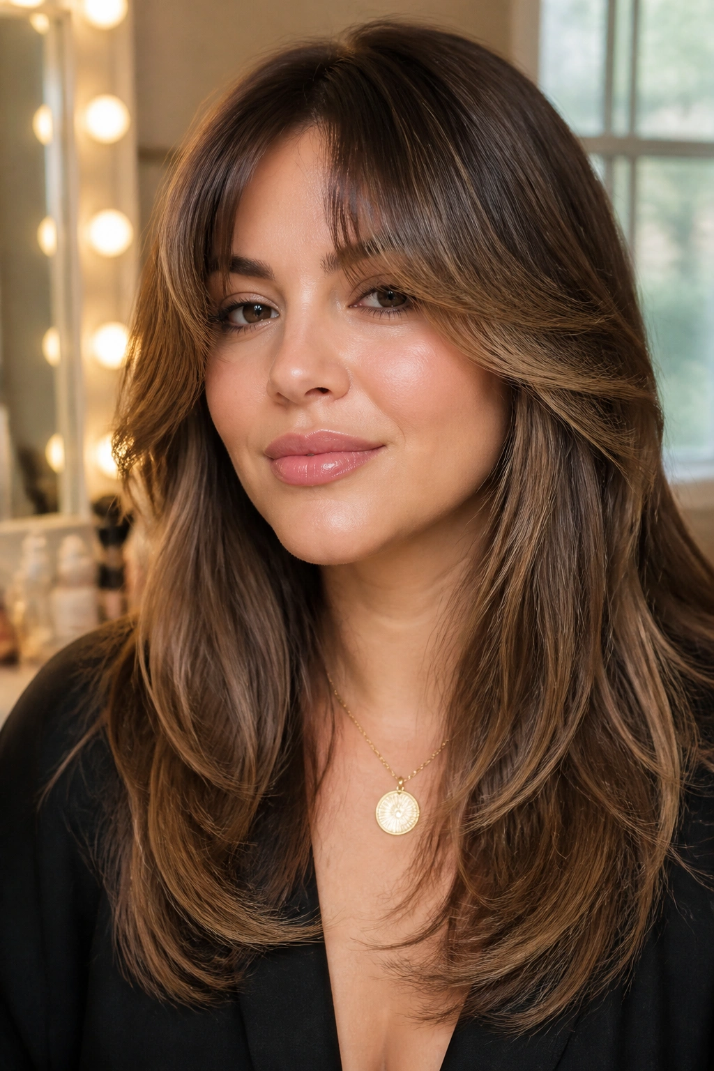 Close-up of a real woman with feathered bangs and a blown-out finish