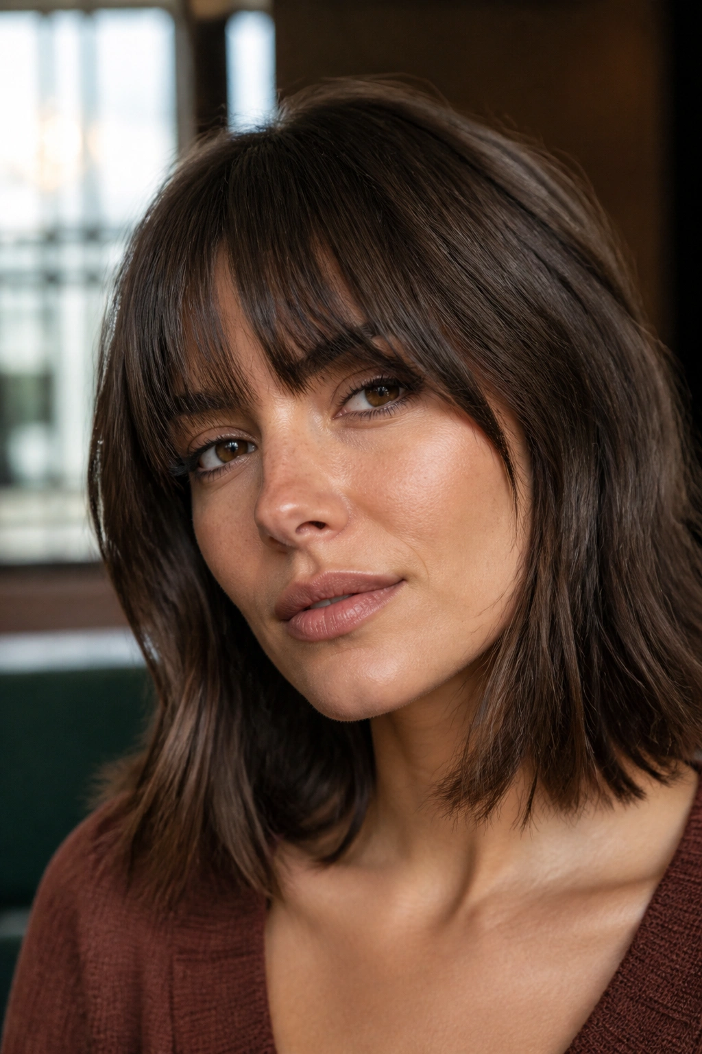 Close-up portrait of a real woman with feathered bangs and blunt ends