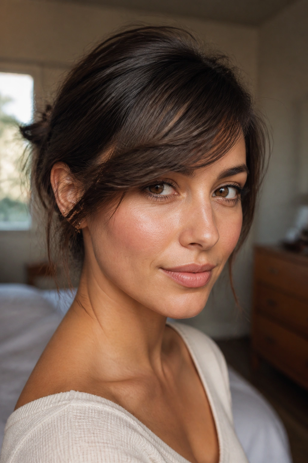 Close-up portrait of a real woman with feathered bangs skimming the cheekbone