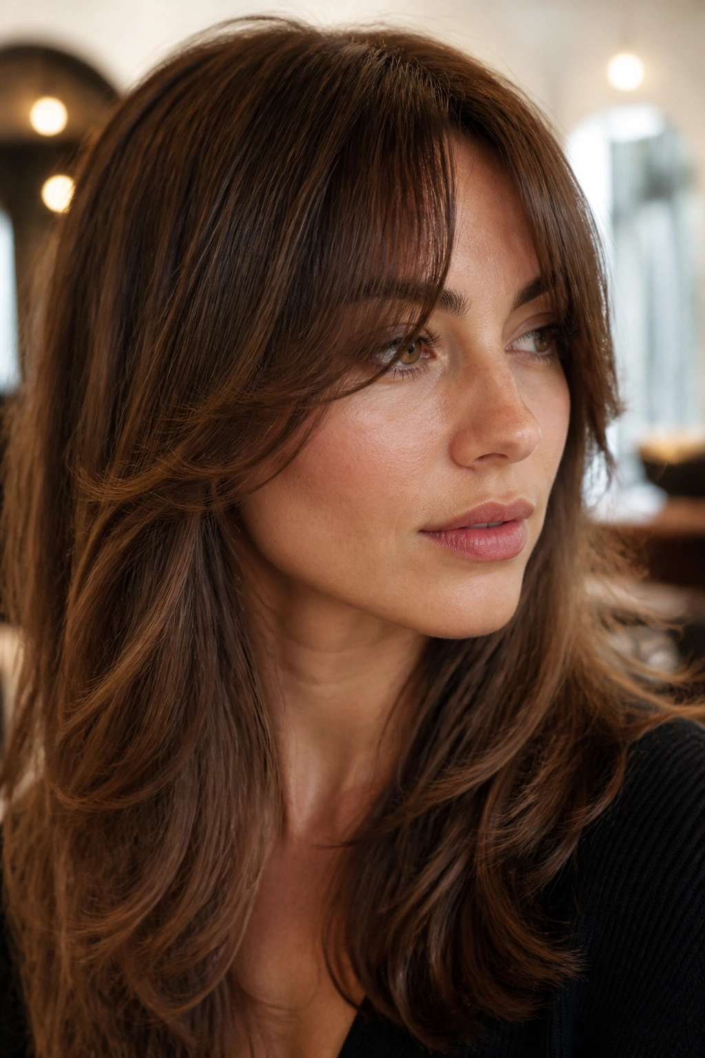 Close-up of a real woman with feathered bangs skimming the cheekbones in a sunlit salon.