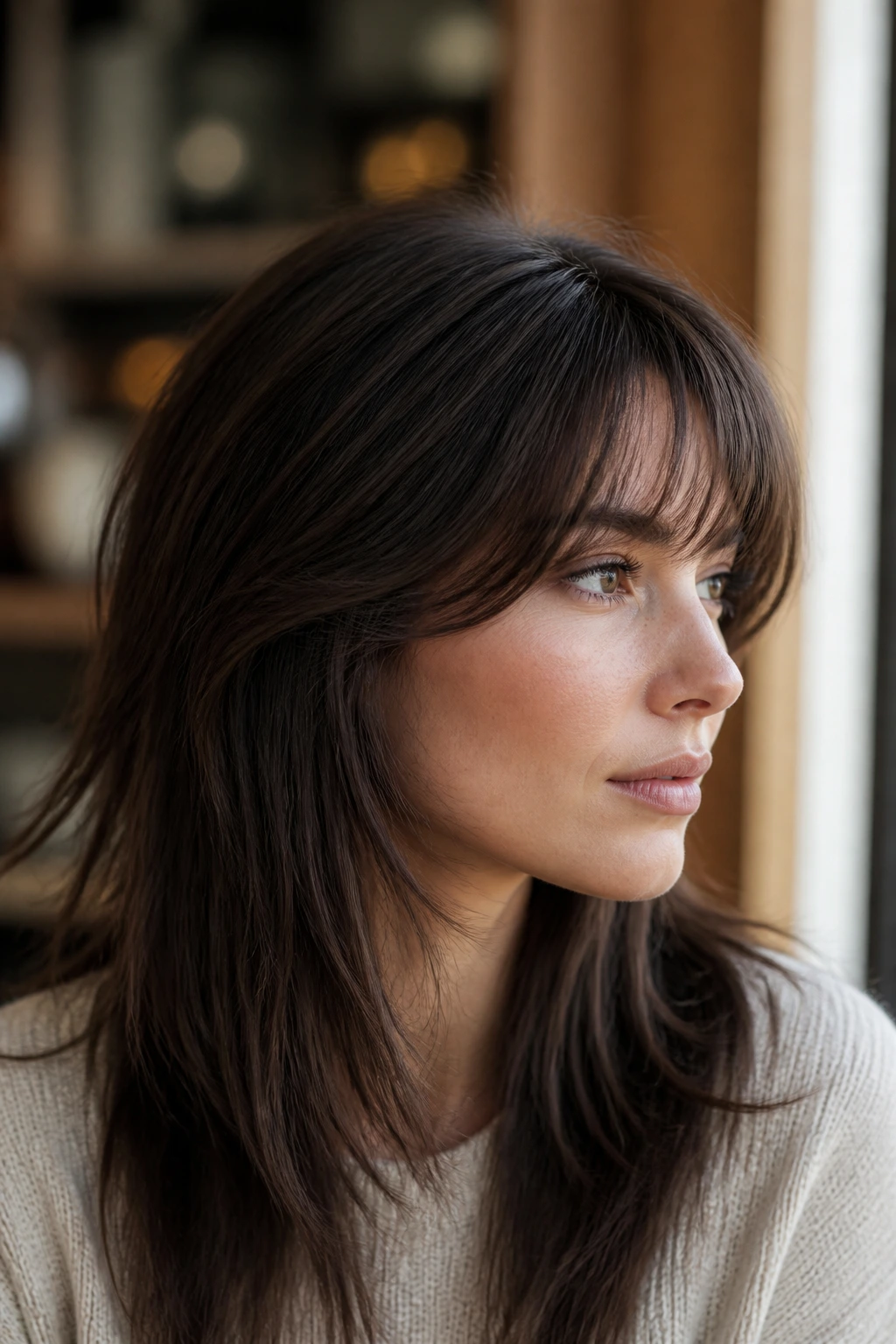 Close-up of a real woman with feathered bangs blending into the crown on straight hair