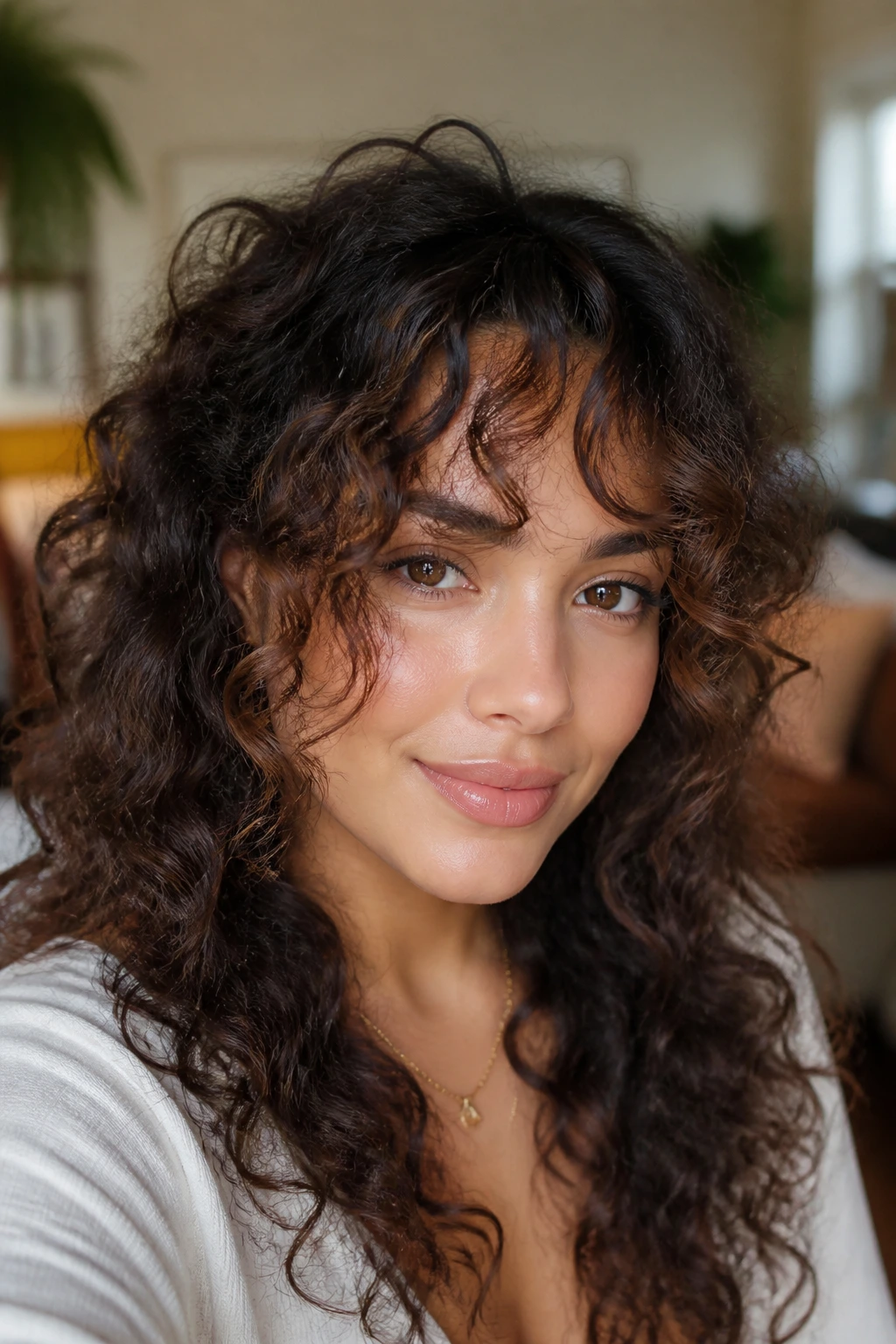 Close-up portrait of a real woman with feathered bangs framing eyes