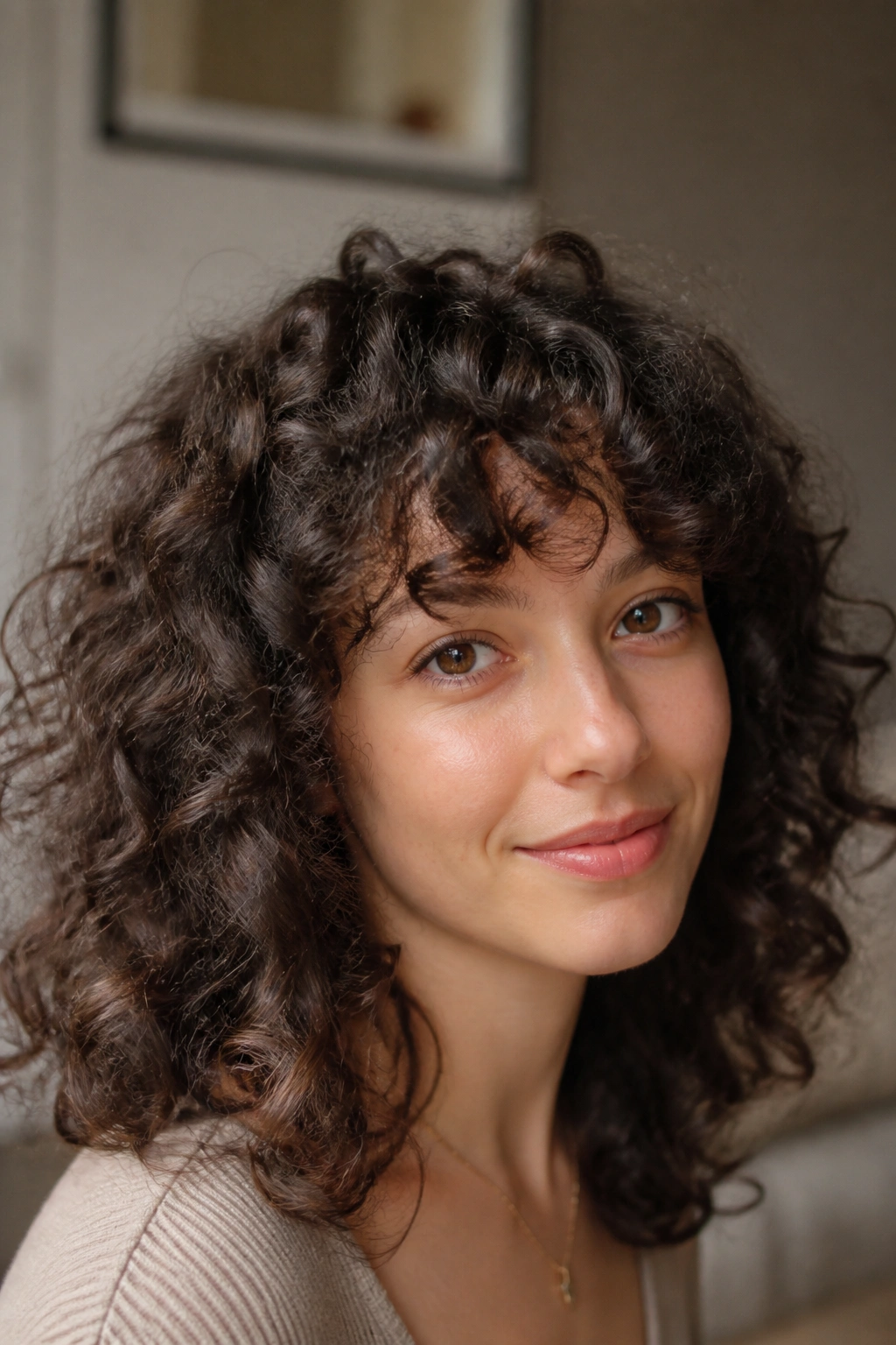 Close-up of a person with curly bangs that follow the curl pattern