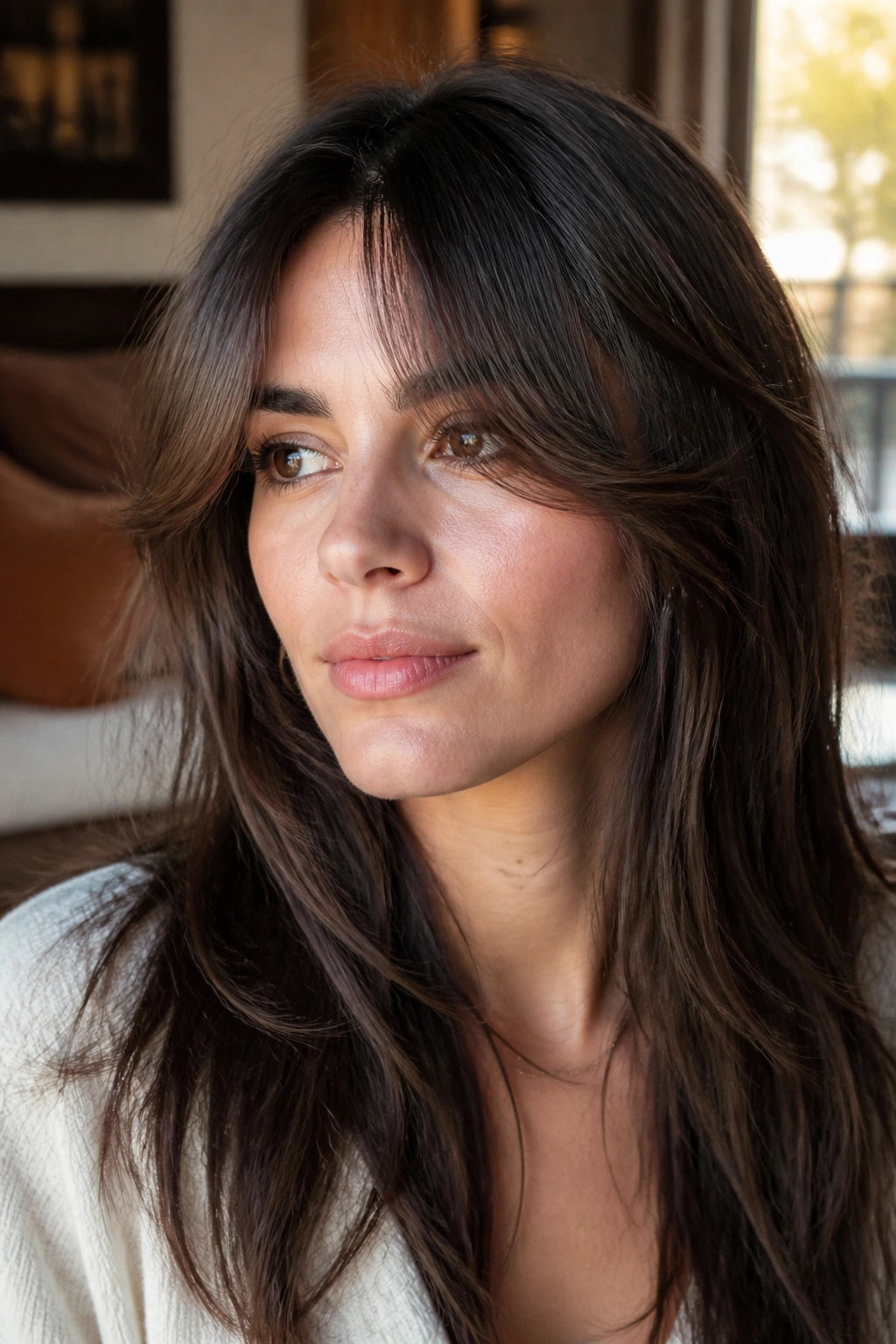 Portrait of a real woman with soft curtain feathered bangs in natural light