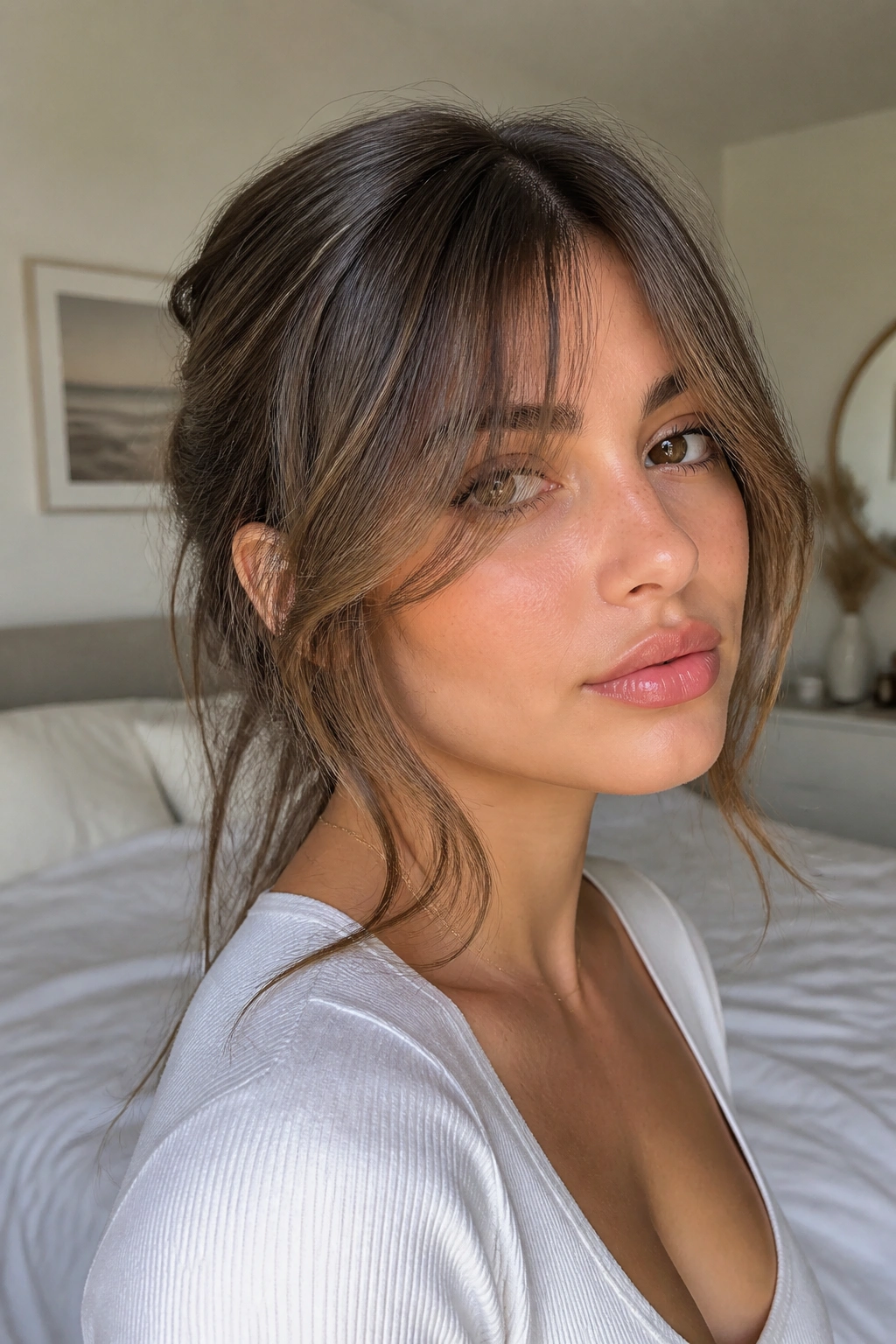 Close-up portrait of a real woman with feathered bangs and face-framing pieces highlighting cheekbones